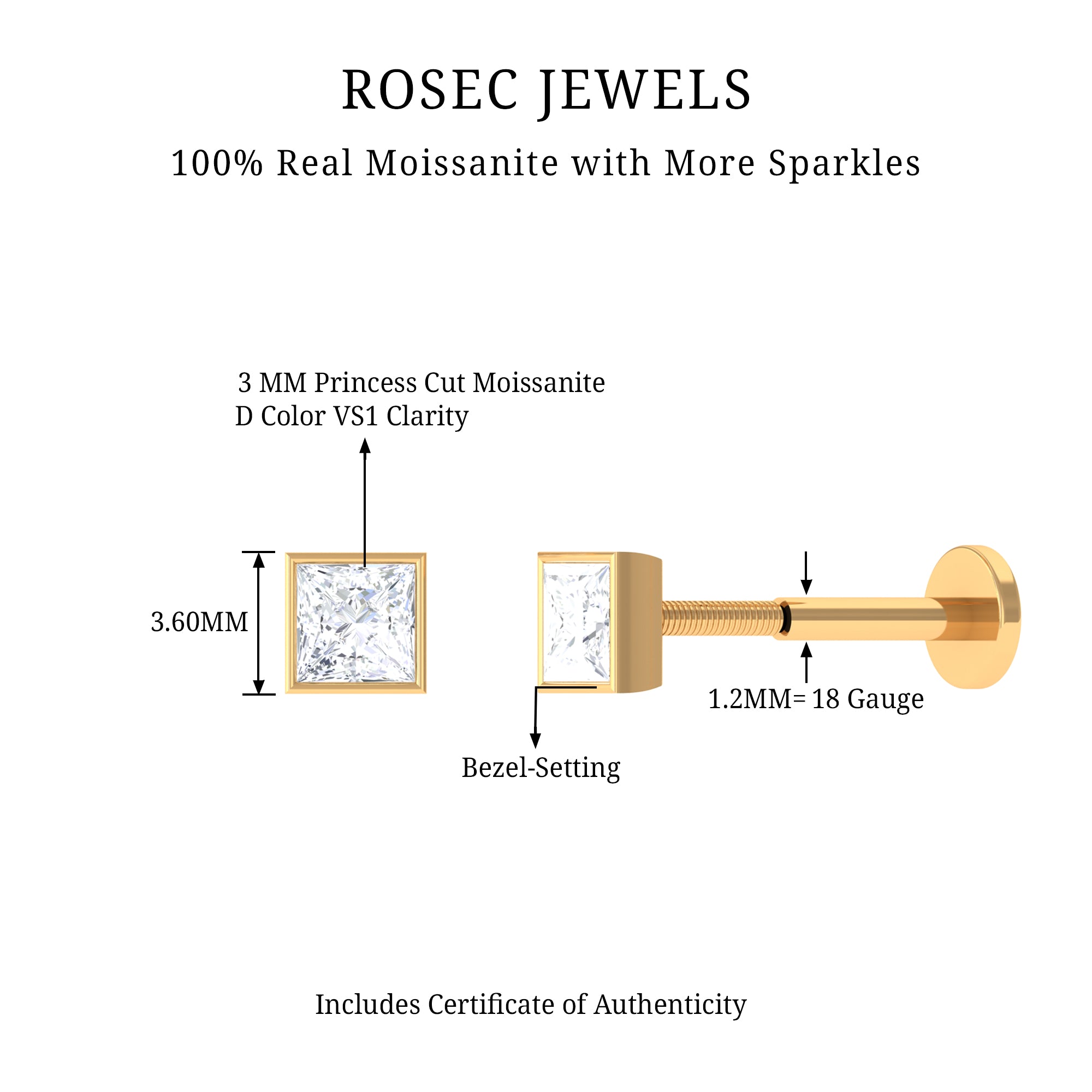 Rosec Jewels-Princess Cut Moissanite Solitaire Conch Earring