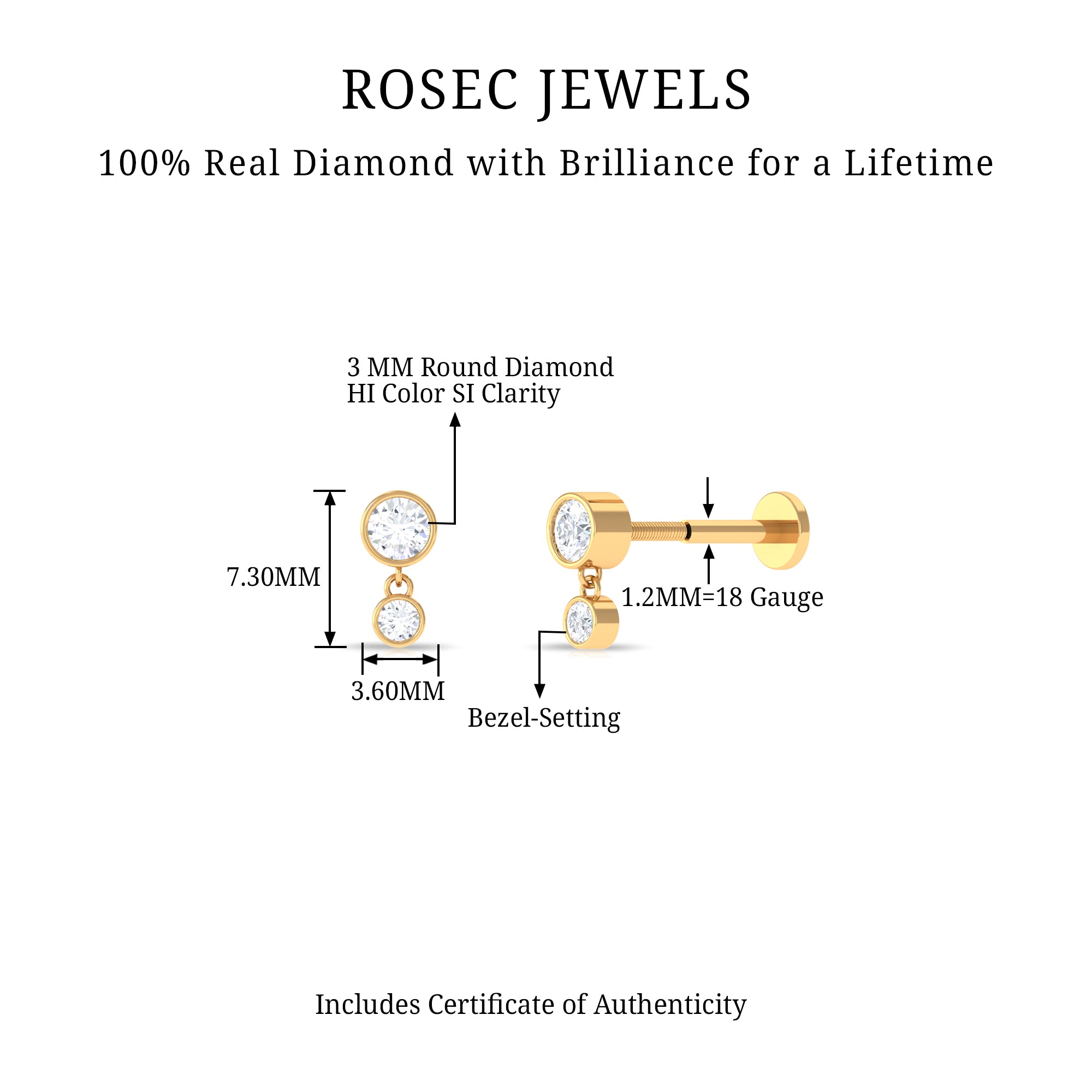 Rosec Jewels-Simple Round Diamond Helix Drop Earring in Bezel Set