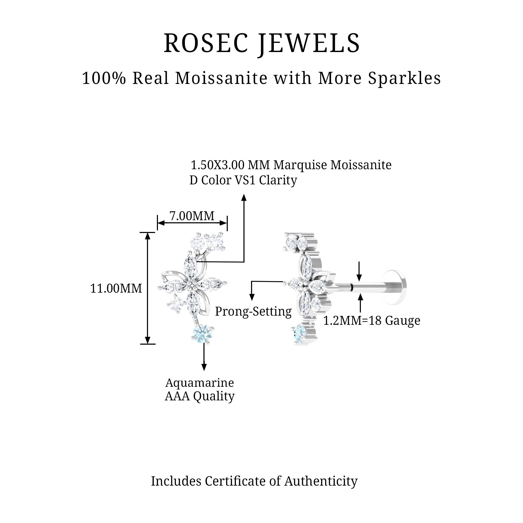 Rosec Jewels-Real Aquamarine and Moissanite Flower Crawler Earring