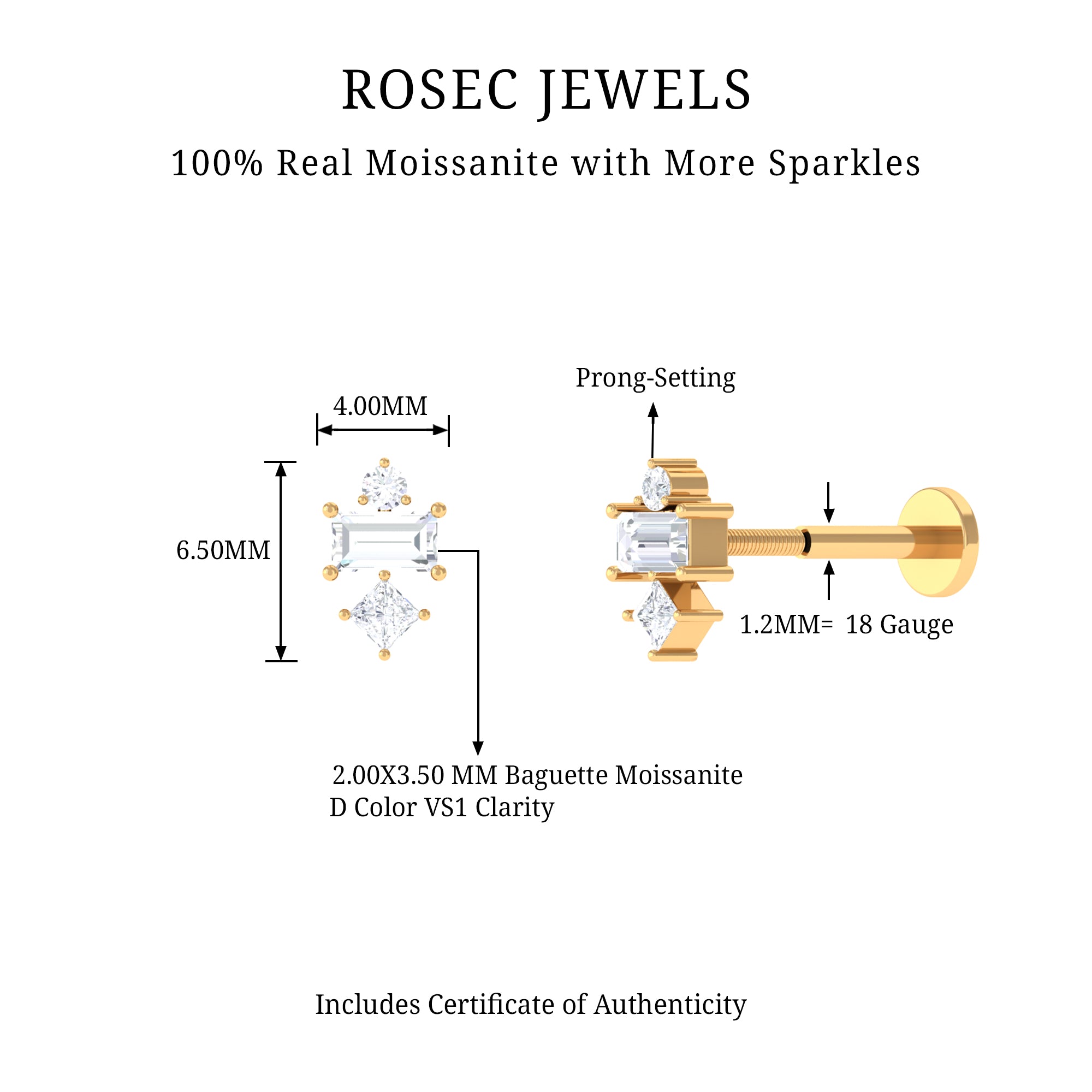 Rosec Jewels-Unique Moissanite Three Stone Tragus Earring