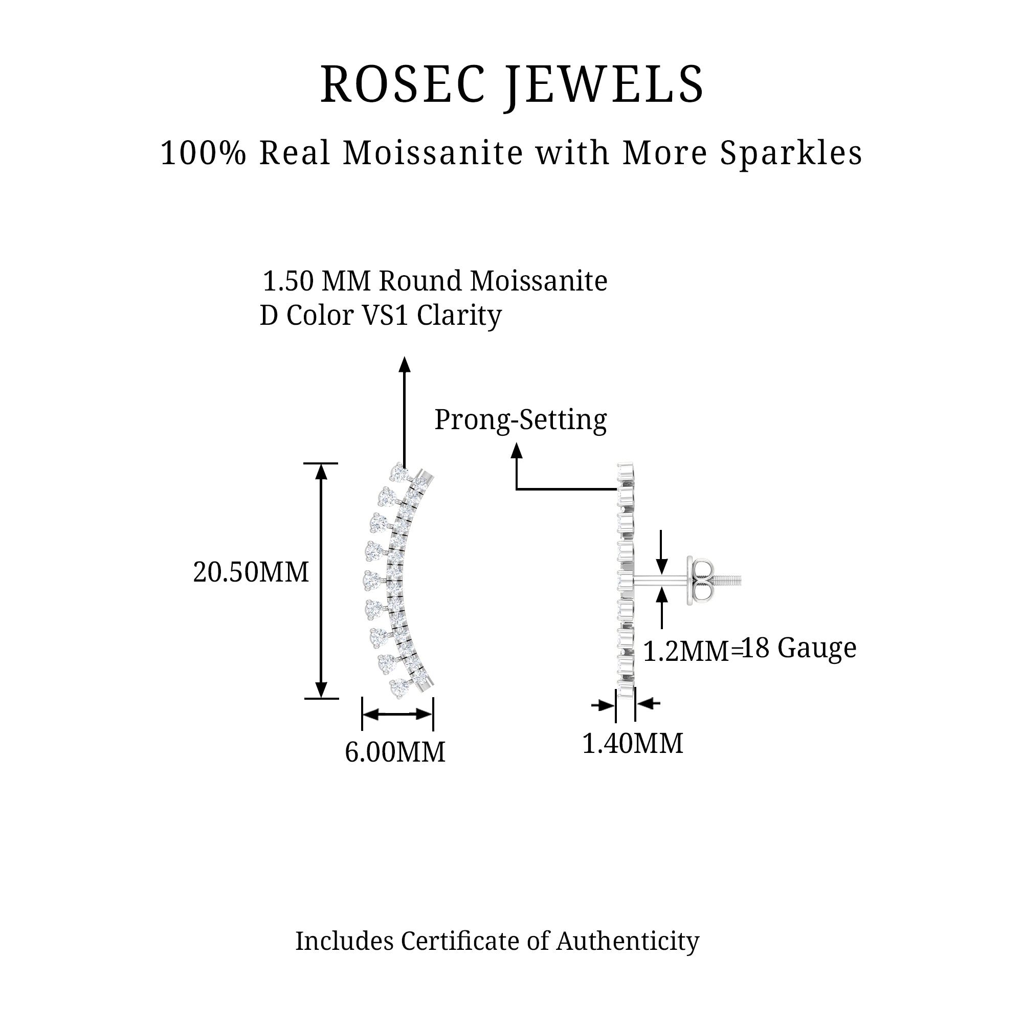 Rosec Jewels-Unique Certified Moissanite Curved Crawler Earring