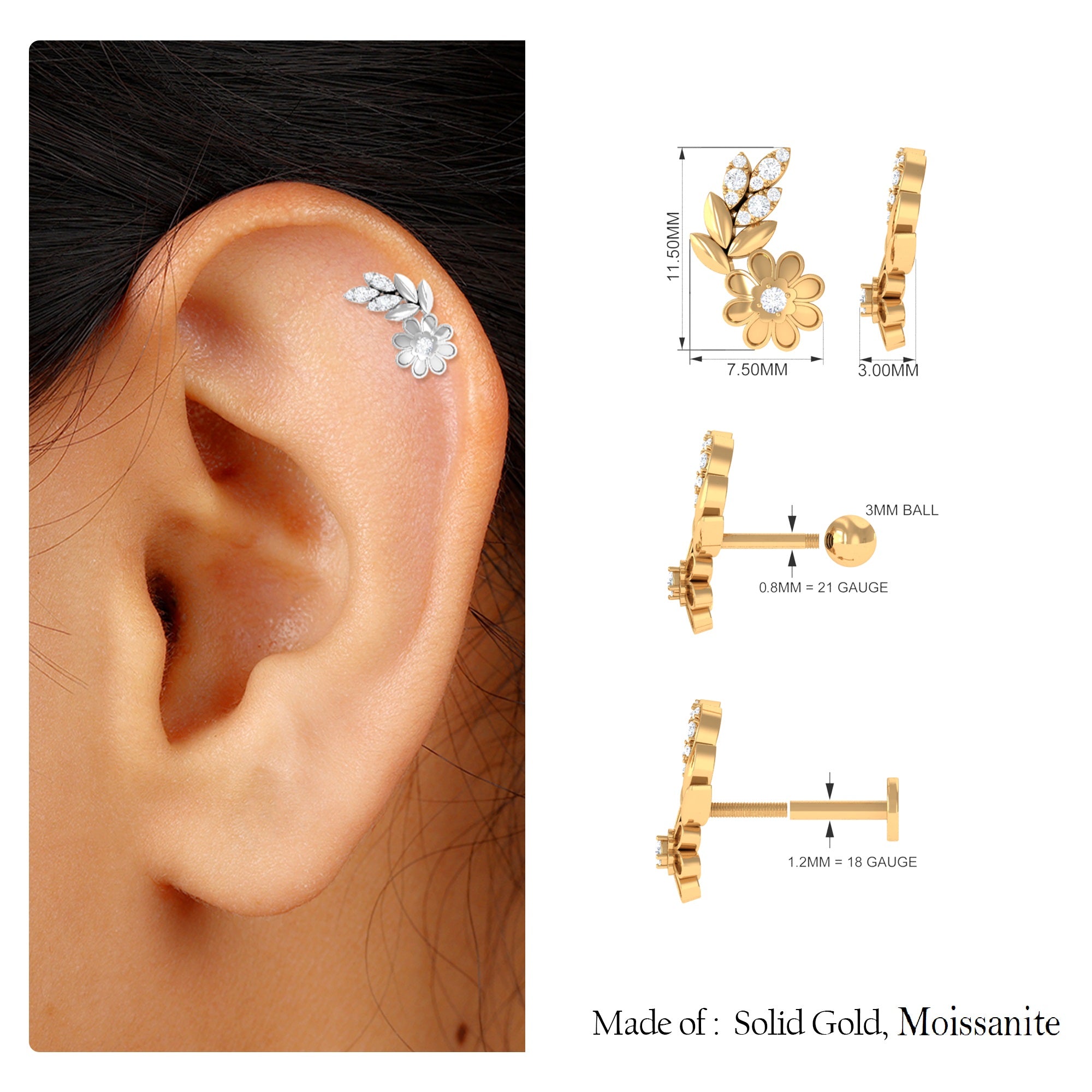 Rosec Jewels-Certified Moissanite Flower Crawler Earring for Helix Piercing