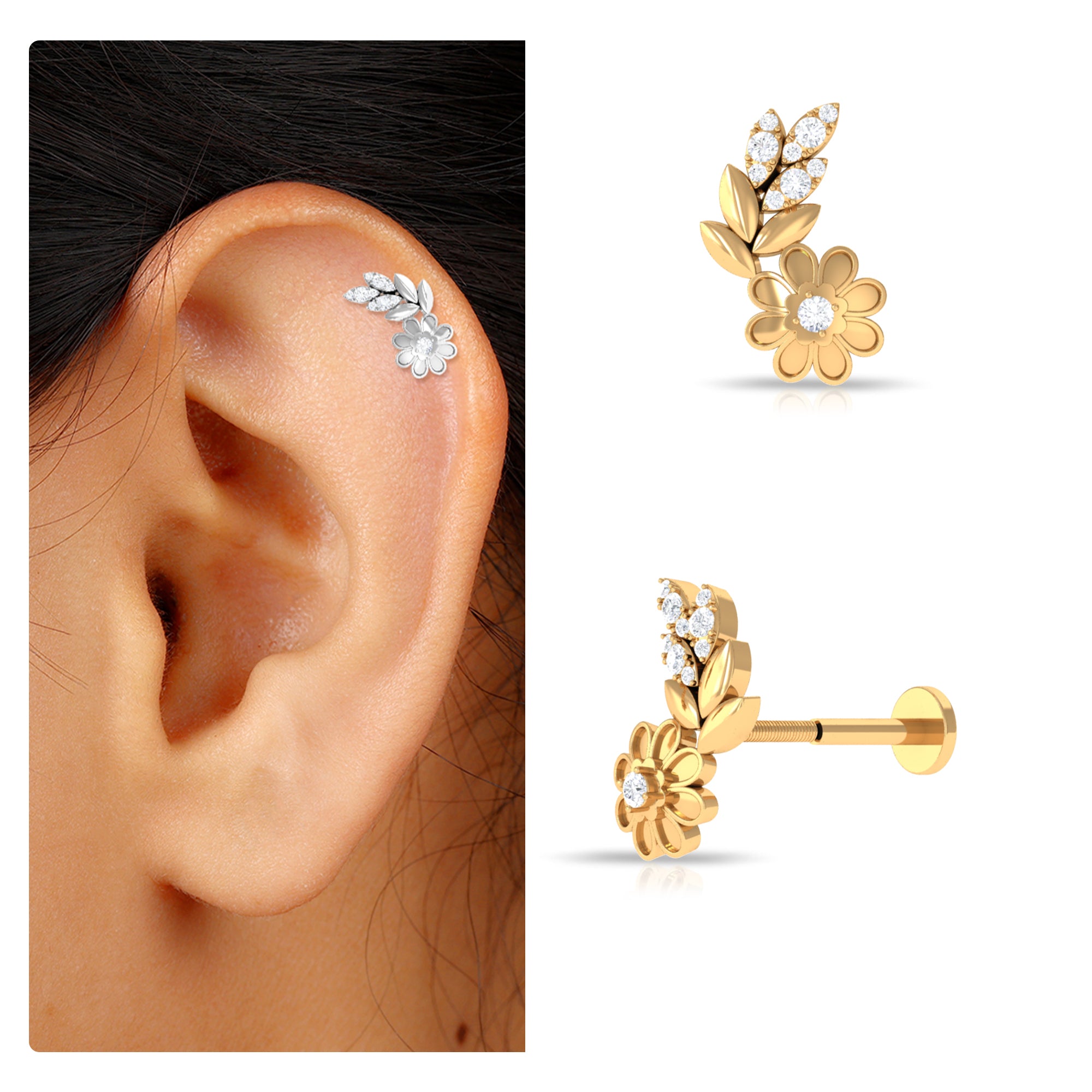 Rosec Jewels-Certified Moissanite Flower Crawler Earring for Helix Piercing