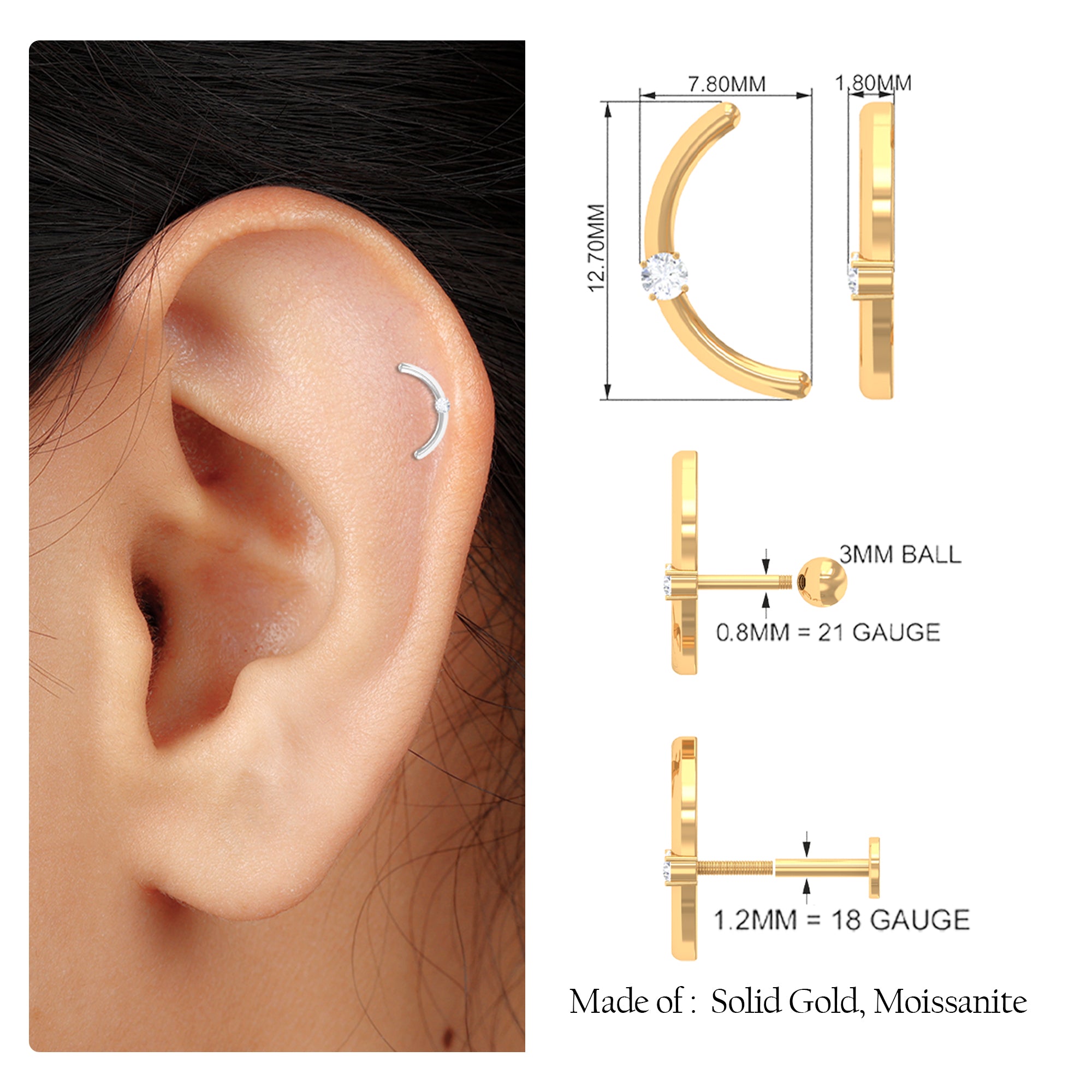 Rosec Jewels-Minimalist Gold Curved Crawler Earring with Moissanite