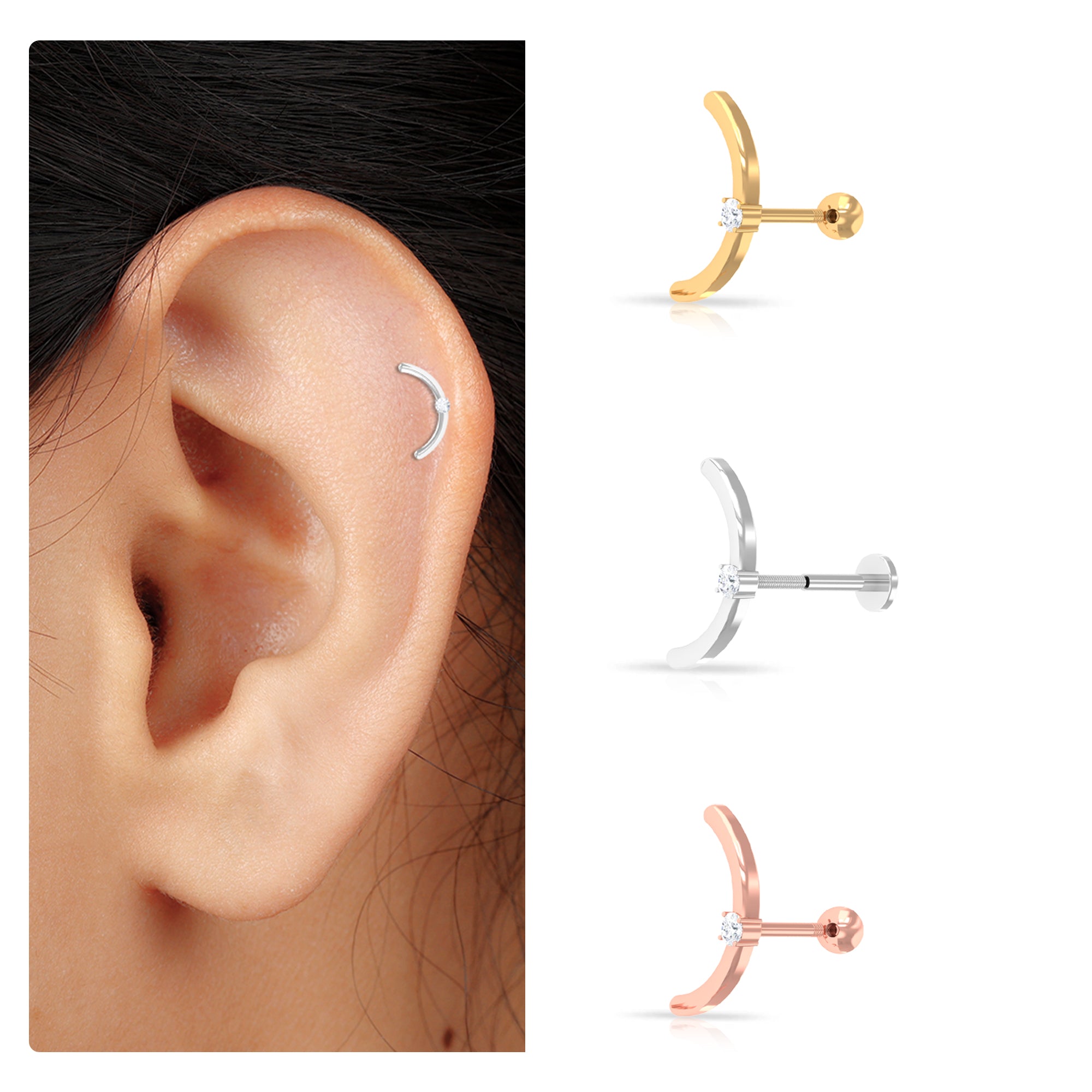 Rosec Jewels-Minimalist Gold Curved Crawler Earring with Moissanite