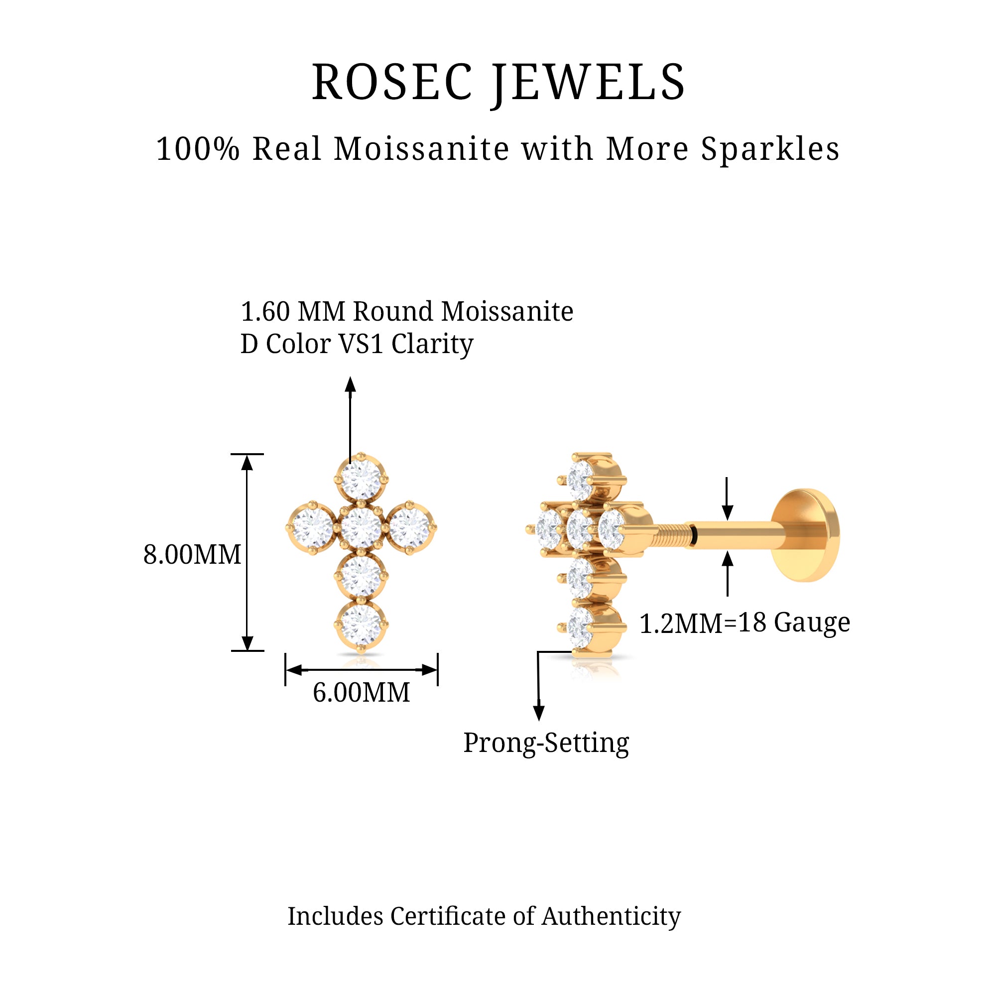 Rosec Jewels-Moissanite Gold Cross Earring for Cartilage Piercing