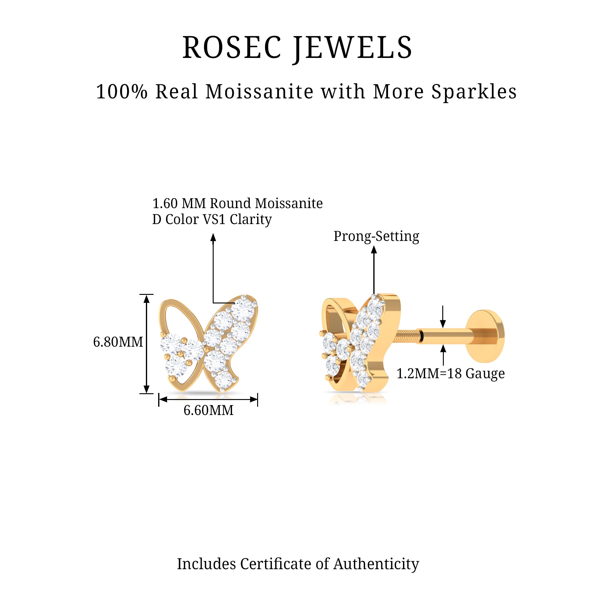 Rosec Jewels-Unique Moissanite Butterfly Helix Earring in Gold