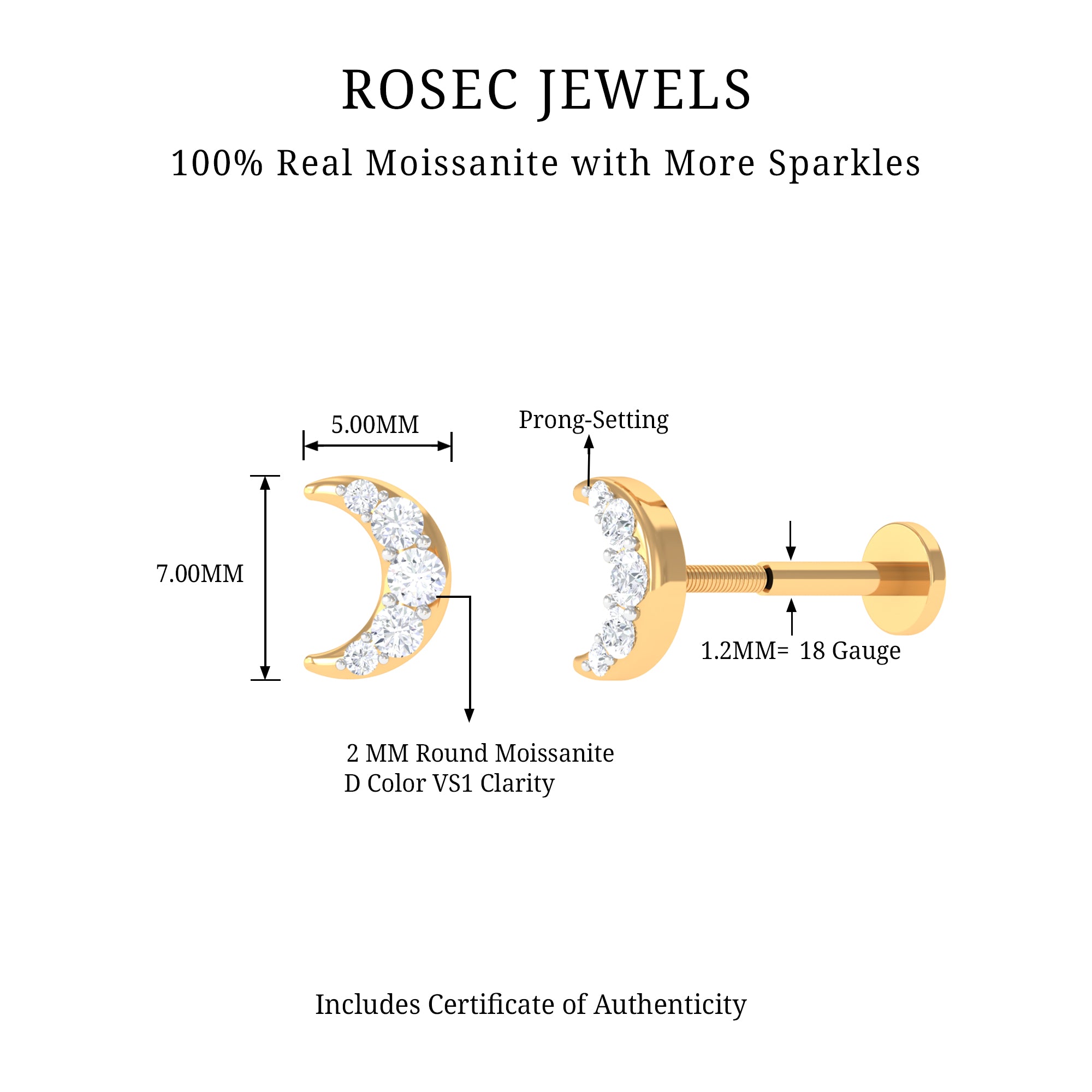 Rosec Jewels-Moissanite Crescent Moon Helix Earring in Gold