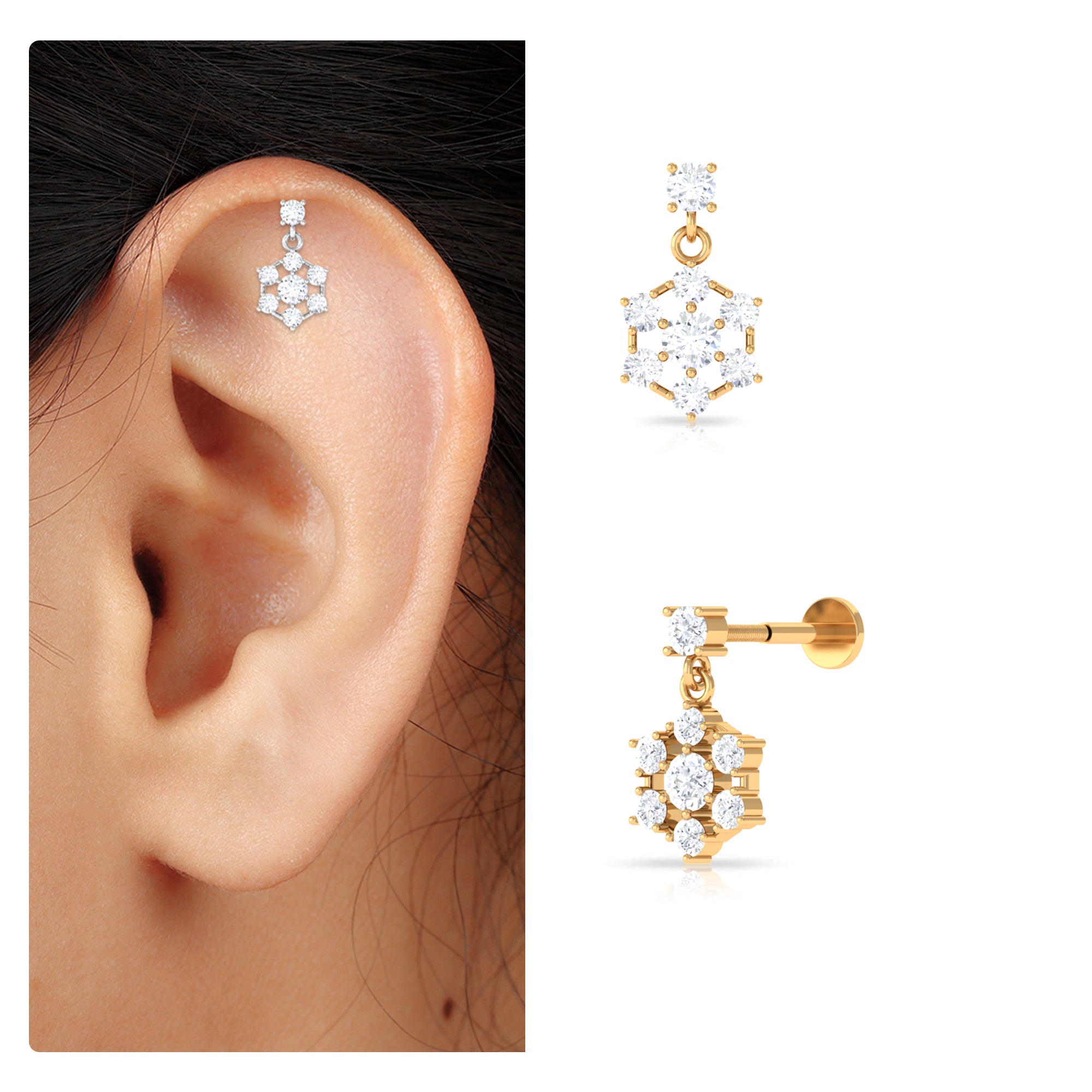 Rosec Jewels-Moissanite Flower Drop Earring for Cartilage Piercing