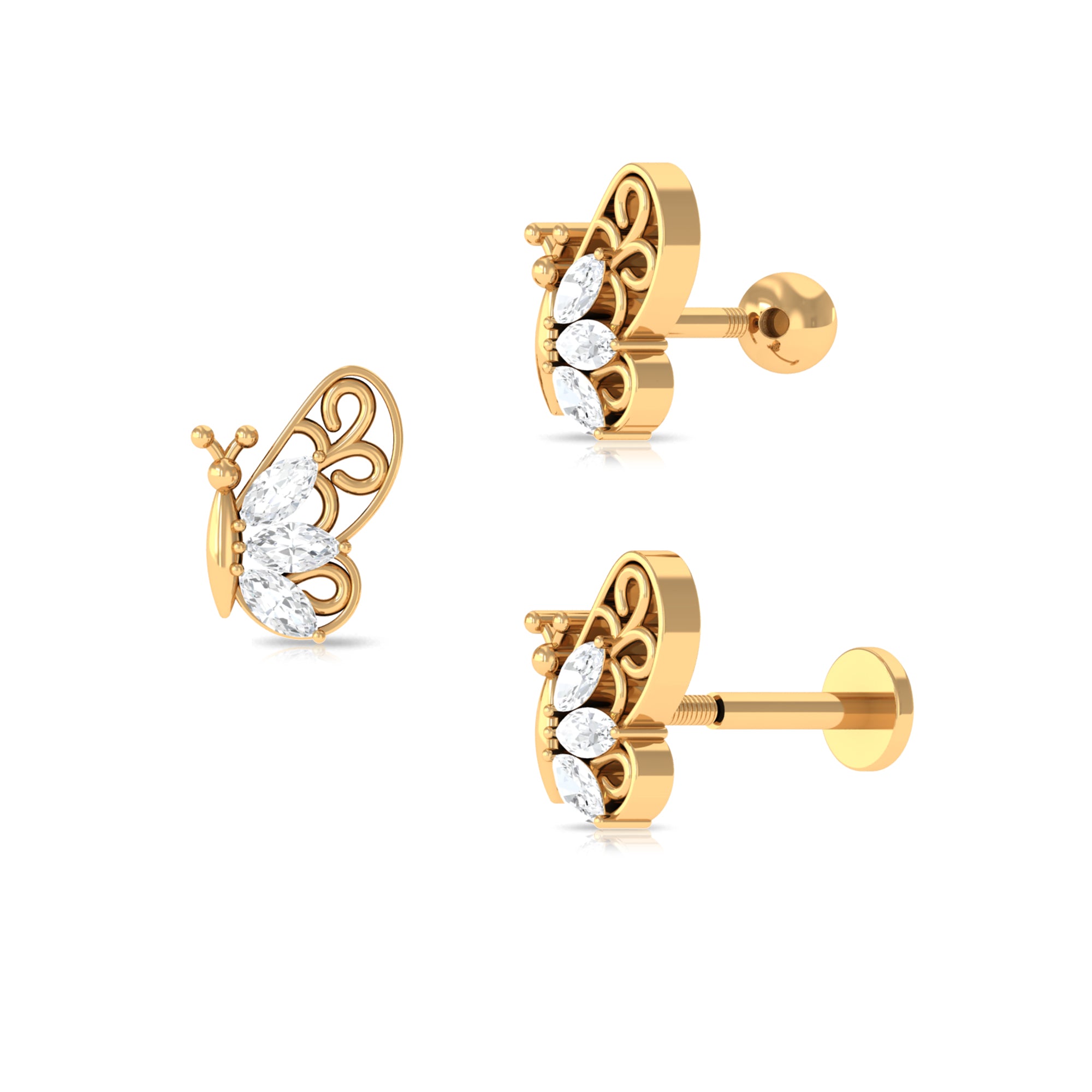 Rosec Jewels-Moissanite Butterfly Helix Earring with Gold Filigree