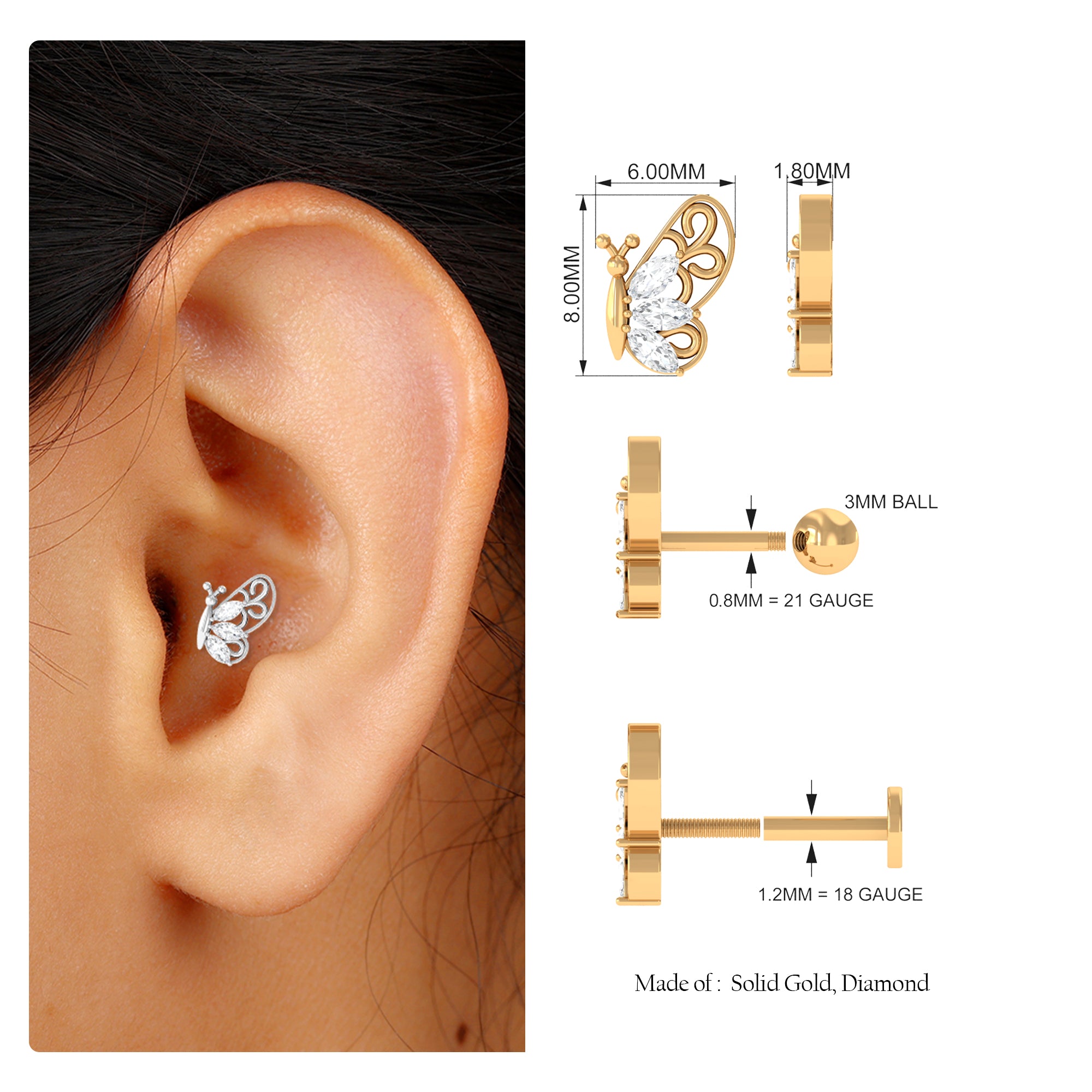 Rosec Jewels-Moissanite Butterfly Helix Earring with Gold Filigree