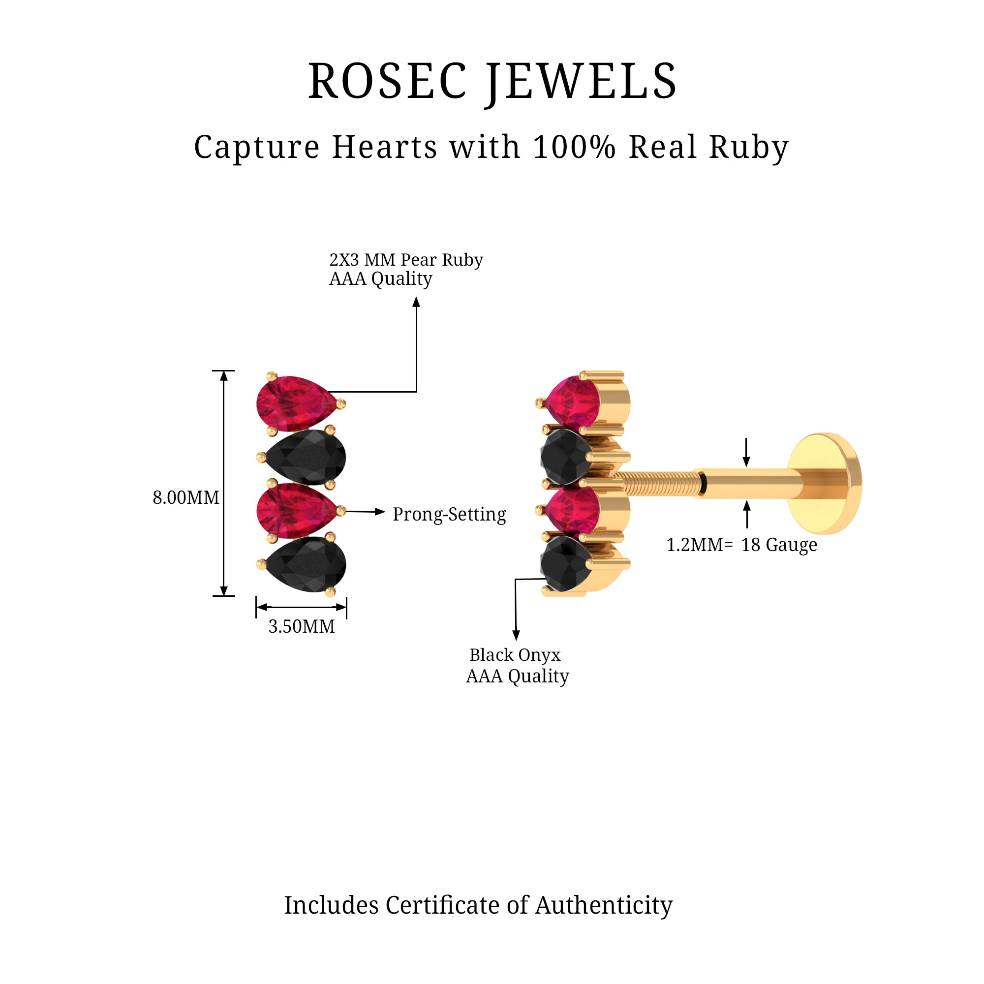 Rosec Jewels-Pear Cut Ruby and Black Onyx Bar Earring for Helix Piercing