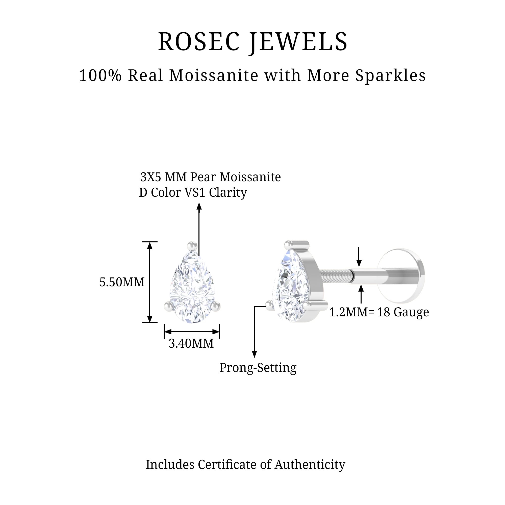 Rosec Jewels-Pear Shape Moissanite Solitaire Conch Earring