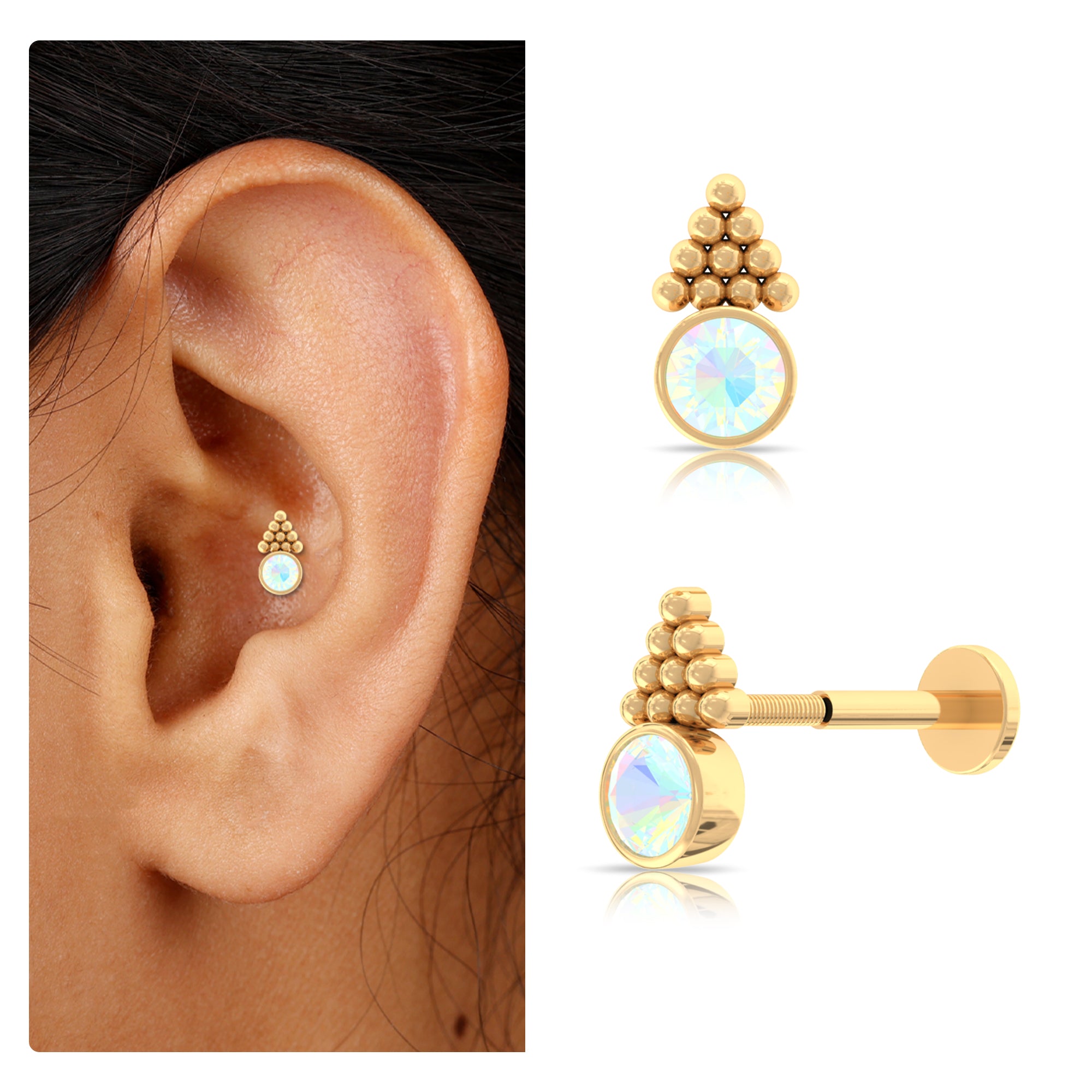 Rosec Jewels-Bezel Set Ethiopian Opal Conch Stud Earring with Beaded Gold