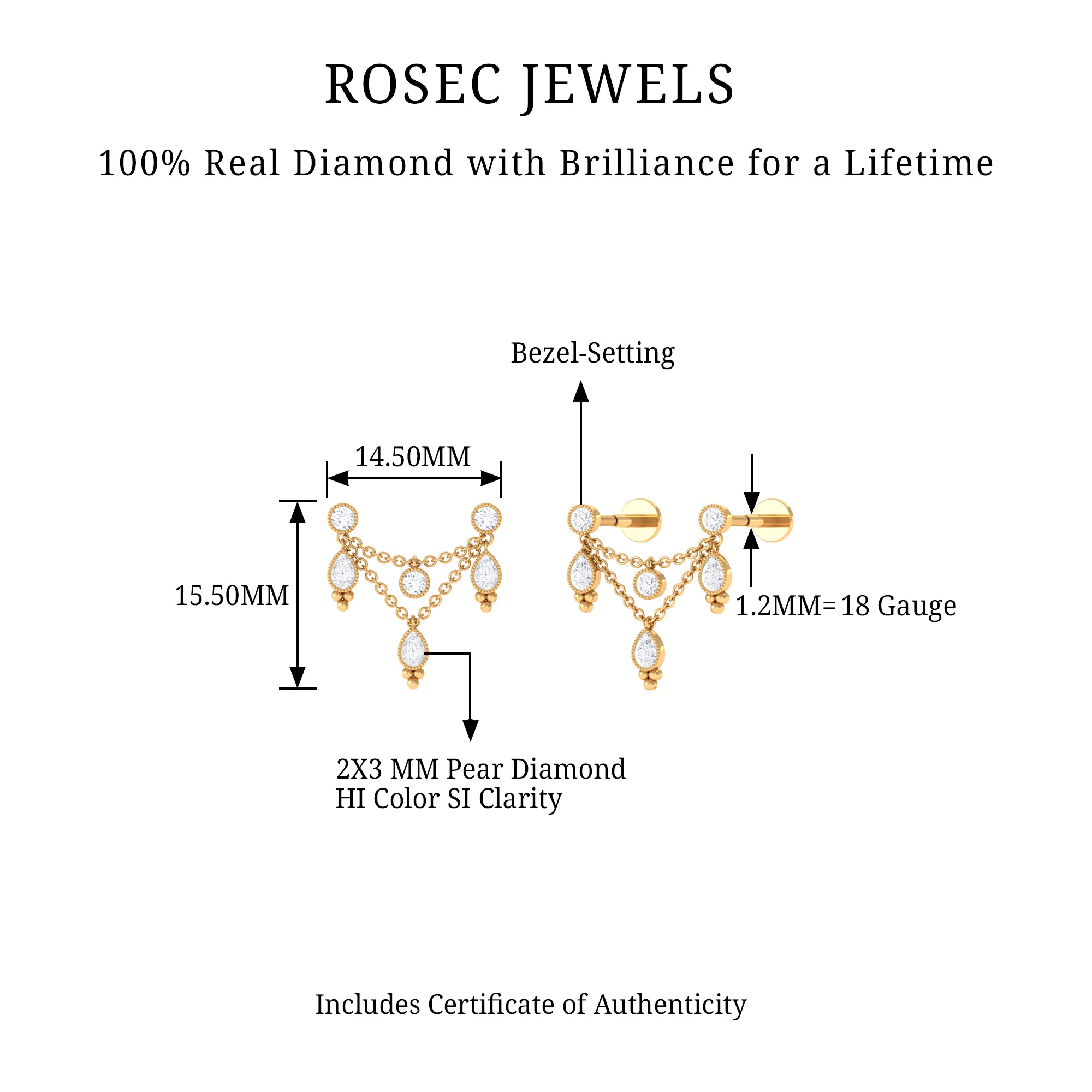 Rosec Jewels-Natural Diamond Double Chain Earring for Cartilage Piercing