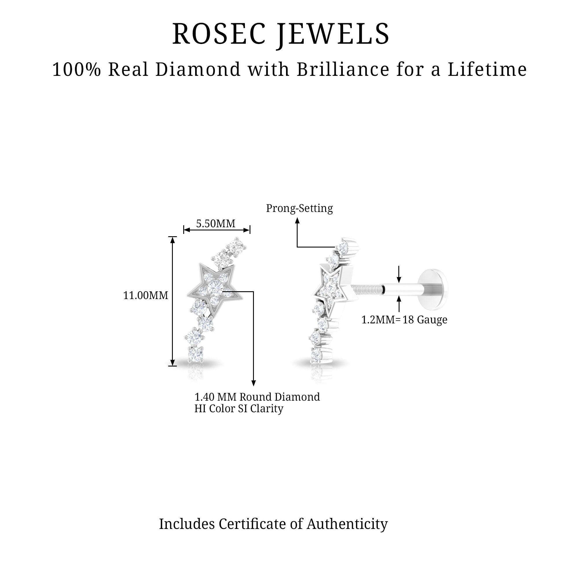 Rosec Jewels-Natural Diamond Star Crawler Earring for Helix Piercing