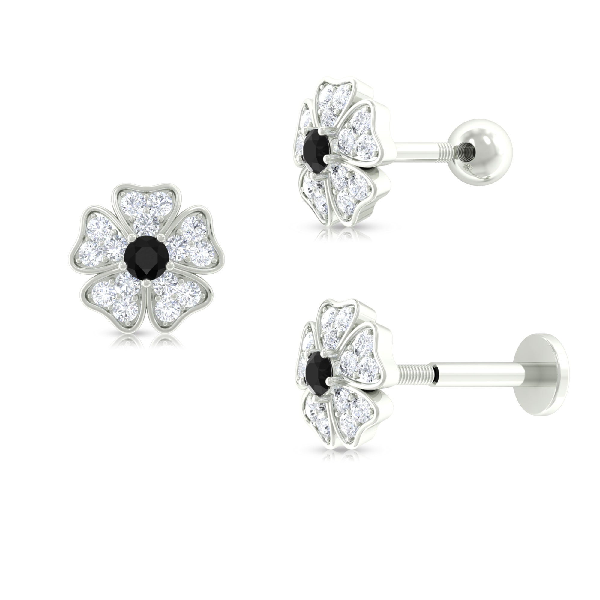 Rosec Jewels-1/4 CT Black Diamond and Moissanite Flower Helix Earring in Gold