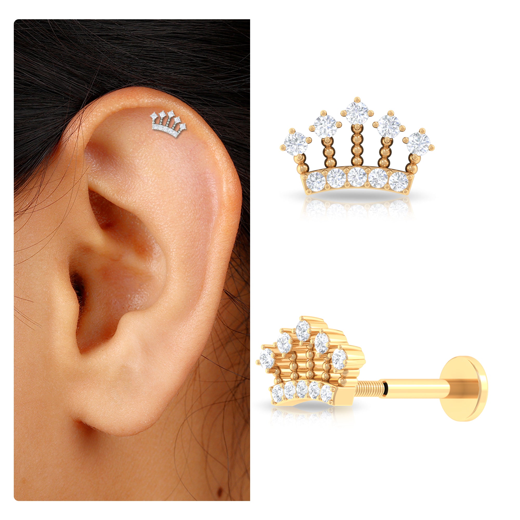 Rosec Jewels-Moissanite Crown Helix Earring with Gold Beaded