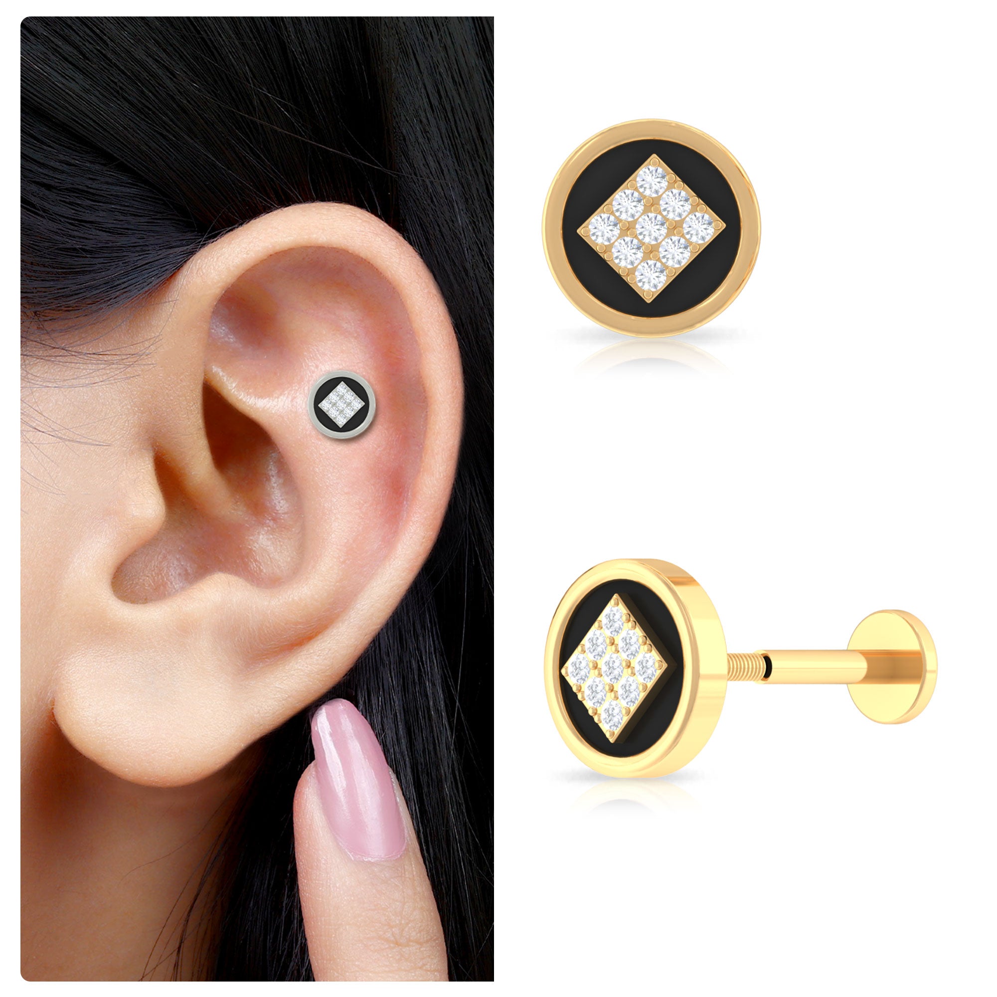 Rosec Jewels-Classic Moissanite Circle Rook Earring with Black Enamel