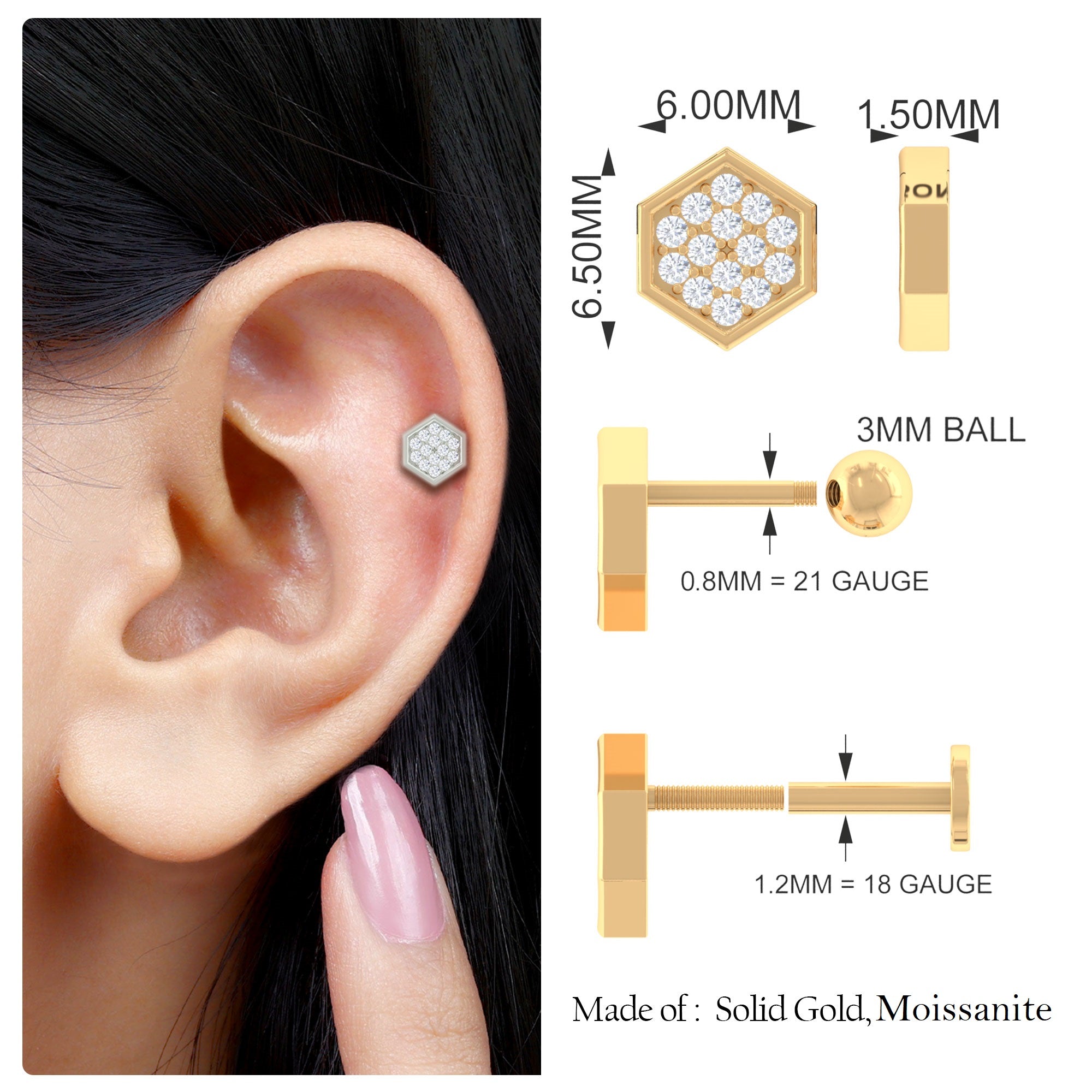 Rosec Jewels-Vintage Inspired Moissanite Hexagon Rook Earring in Gold