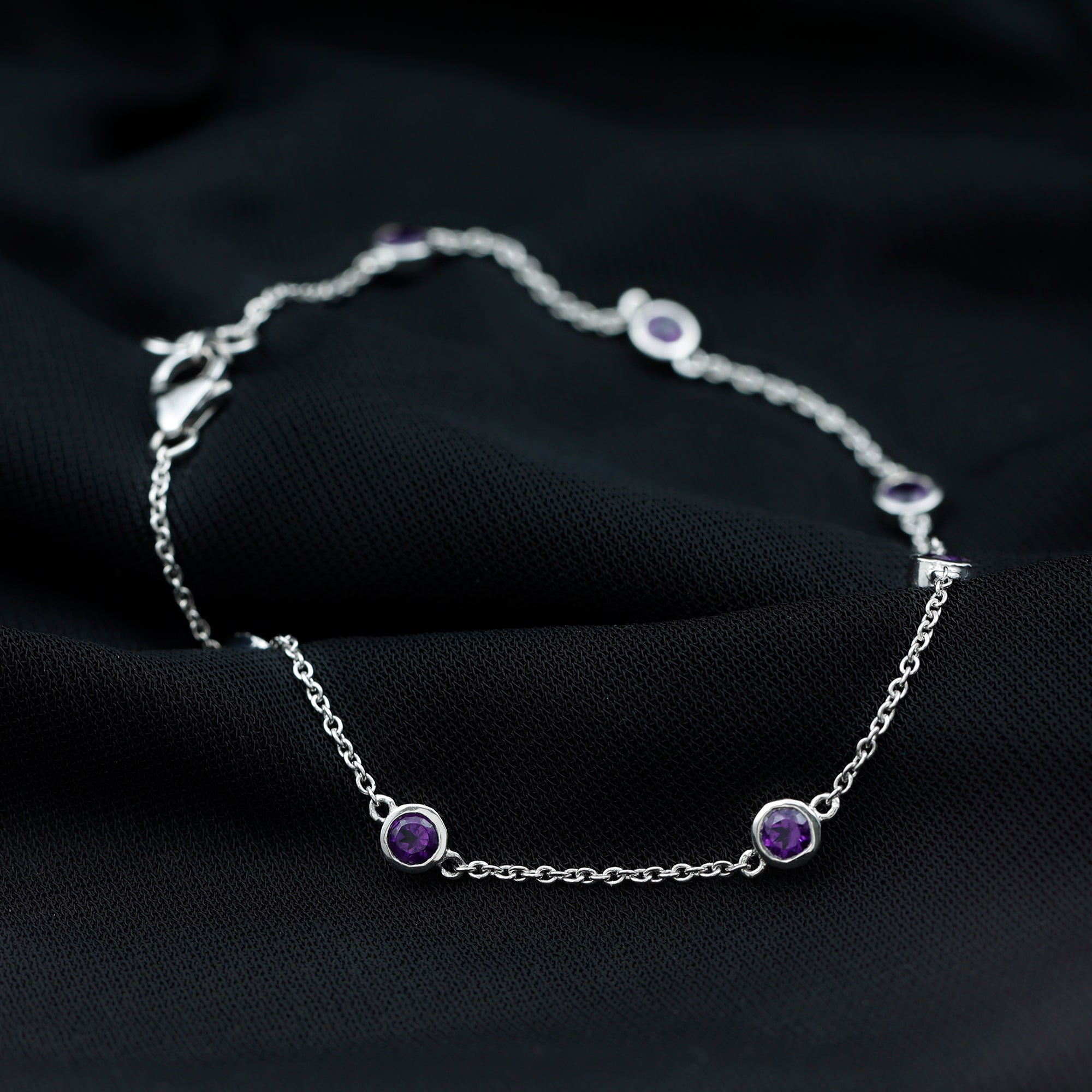 3/4 CT Bezel Set Amethyst Station Chain Bracelet Amethyst - ( AAA ) - Quality - Rosec Jewels