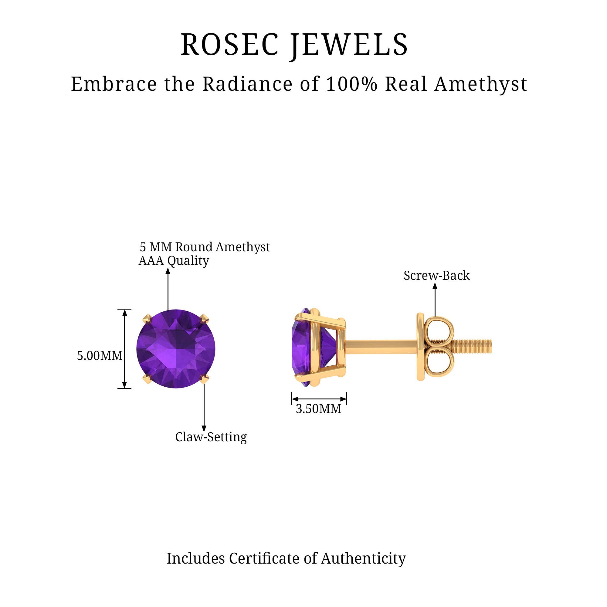 Amethyst Classic Solitaire Stud Earrings Amethyst - ( AAA ) - Quality - Rosec Jewels