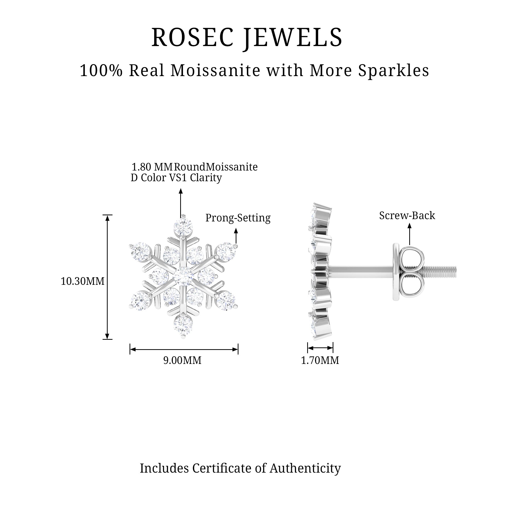 0.75 CT Moissanite Snowflake Stud Earrings Moissanite - ( D-VS1 ) - Color and Clarity - Rosec Jewels