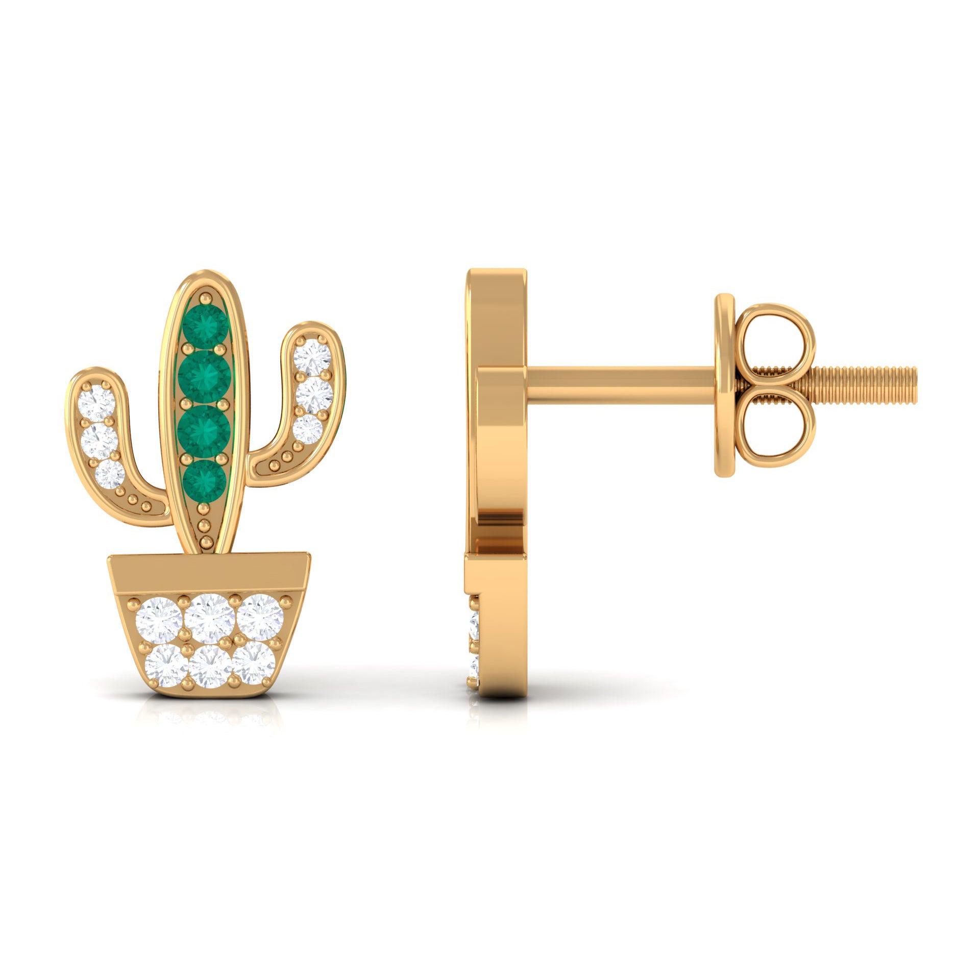 Cactus Stud Earrings with Emerald and Diamond Stones Emerald - ( AAA ) - Quality - Rosec Jewels