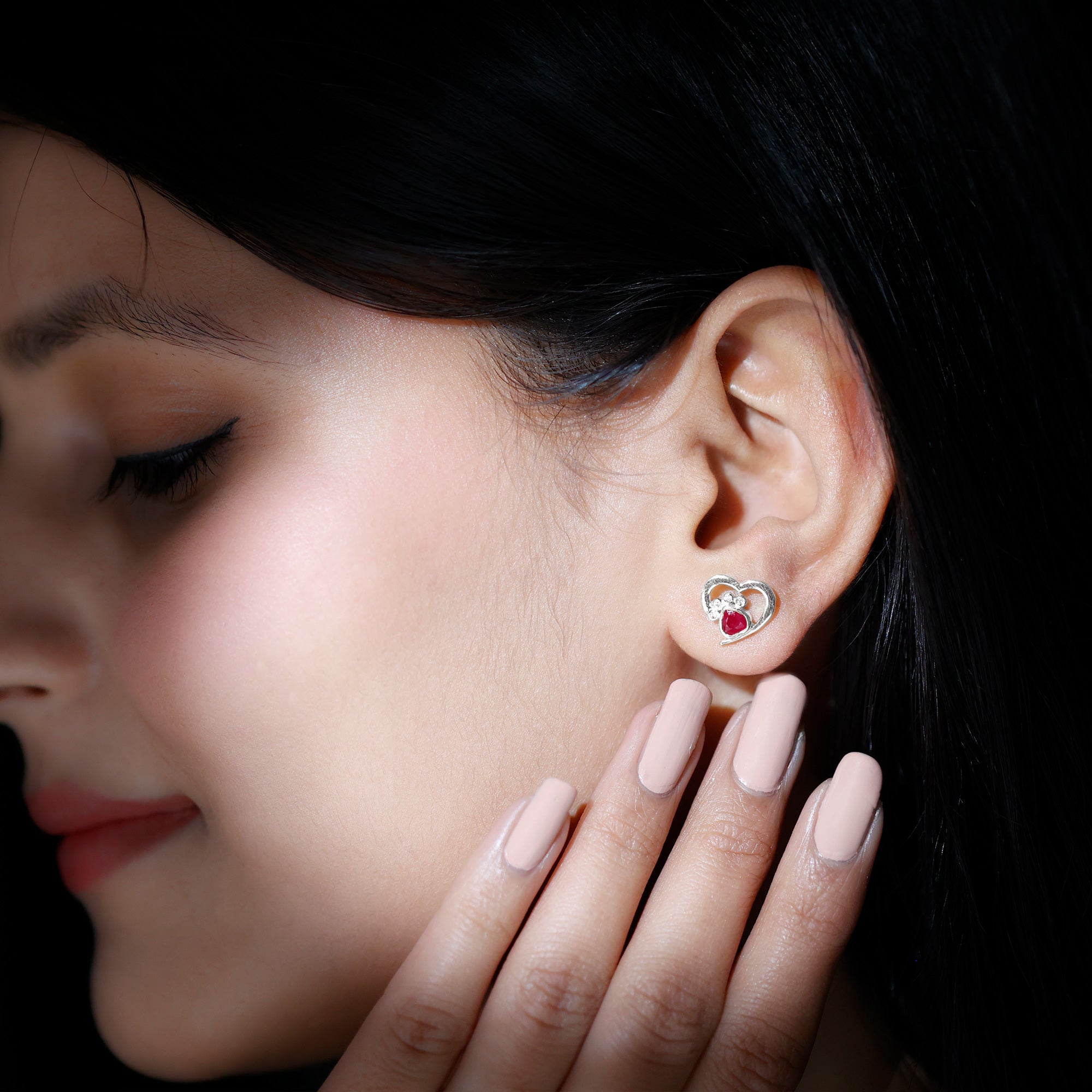 Cute Heart Paw Stud Earrings with Ruby and Diamond Ruby - ( AAA ) - Quality - Rosec Jewels