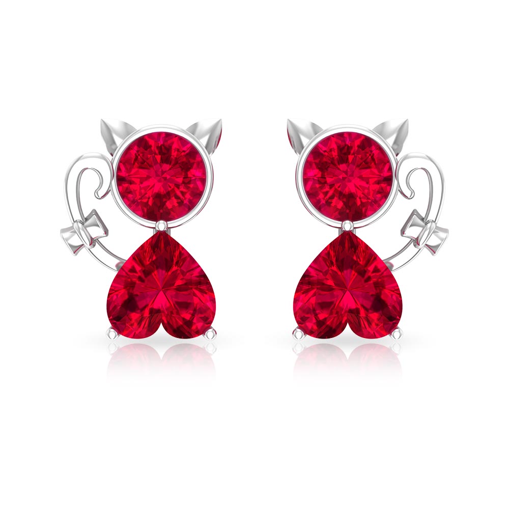 2 CT Kitty Stud Earrings with Round and Heart Shape Created Ruby Lab Created Ruby - ( AAAA ) - Quality - Rosec Jewels