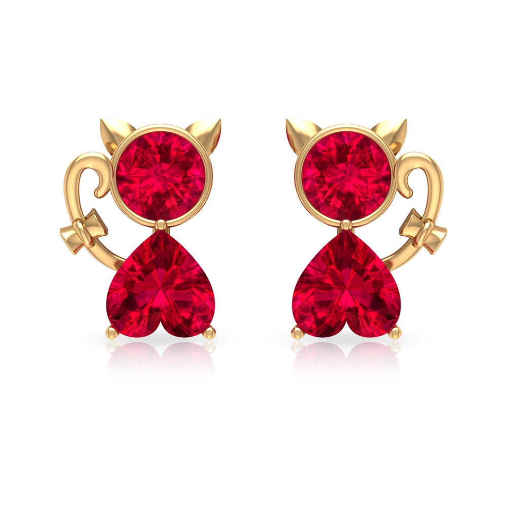 2 CT Kitty Stud Earrings with Round and Heart Shape Created Ruby Lab Created Ruby - ( AAAA ) - Quality - Rosec Jewels