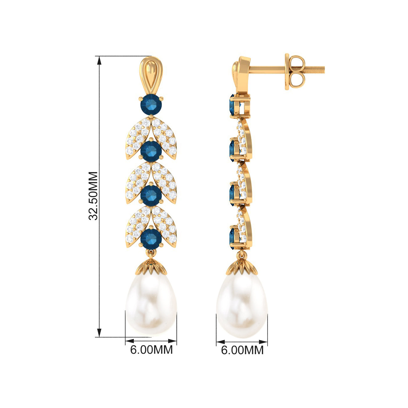 Freshwater Pearl and London Blue Topaz Drop Earrings with Moissanite Freshwater Pearl - ( AAA ) - Quality - Rosec Jewels