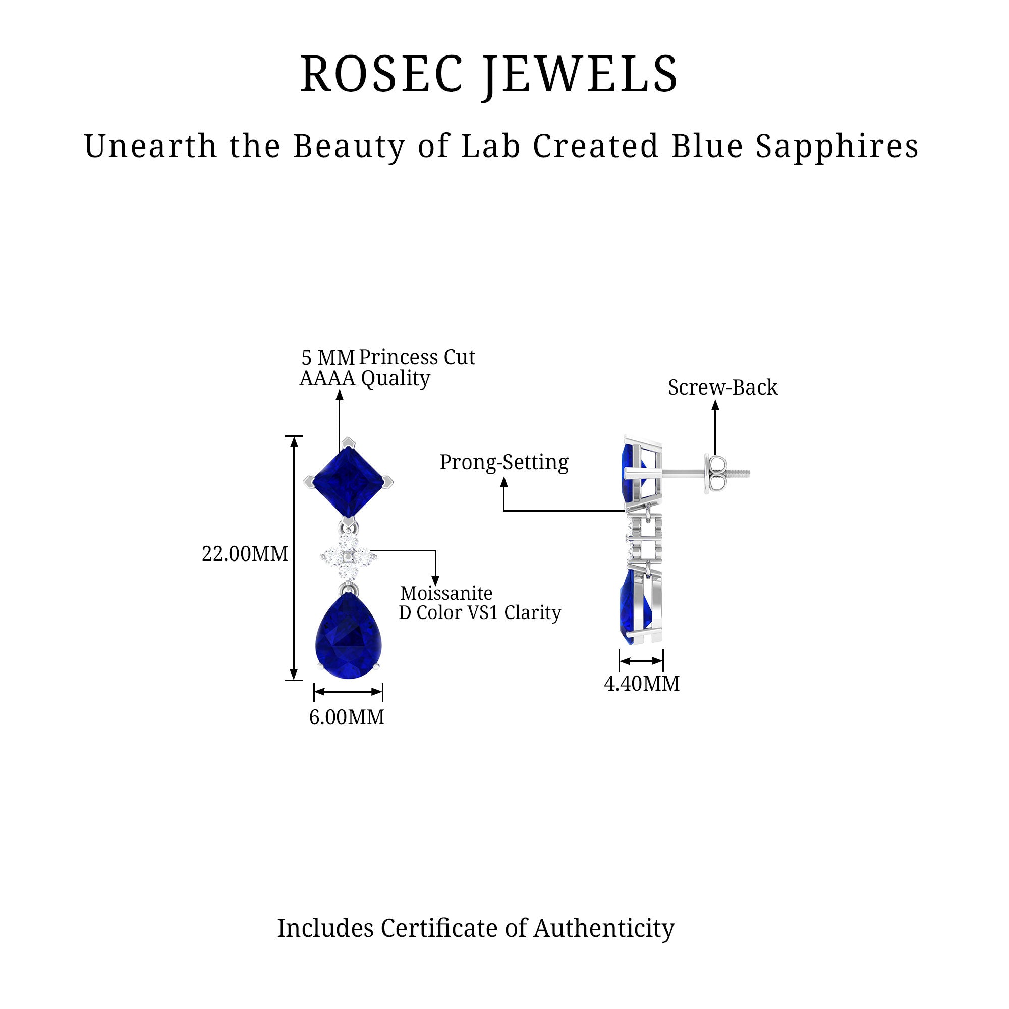 4.75 CT Created Blue Sapphire Stud Drop Earrings with Moissanite Lab Created Blue Sapphire - ( AAAA ) - Quality - Rosec Jewels