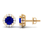 Designer Created Blue Sapphire and Diamond Halo Stud Earrings Lab Created Blue Sapphire - ( AAAA ) - Quality - Rosec Jewels