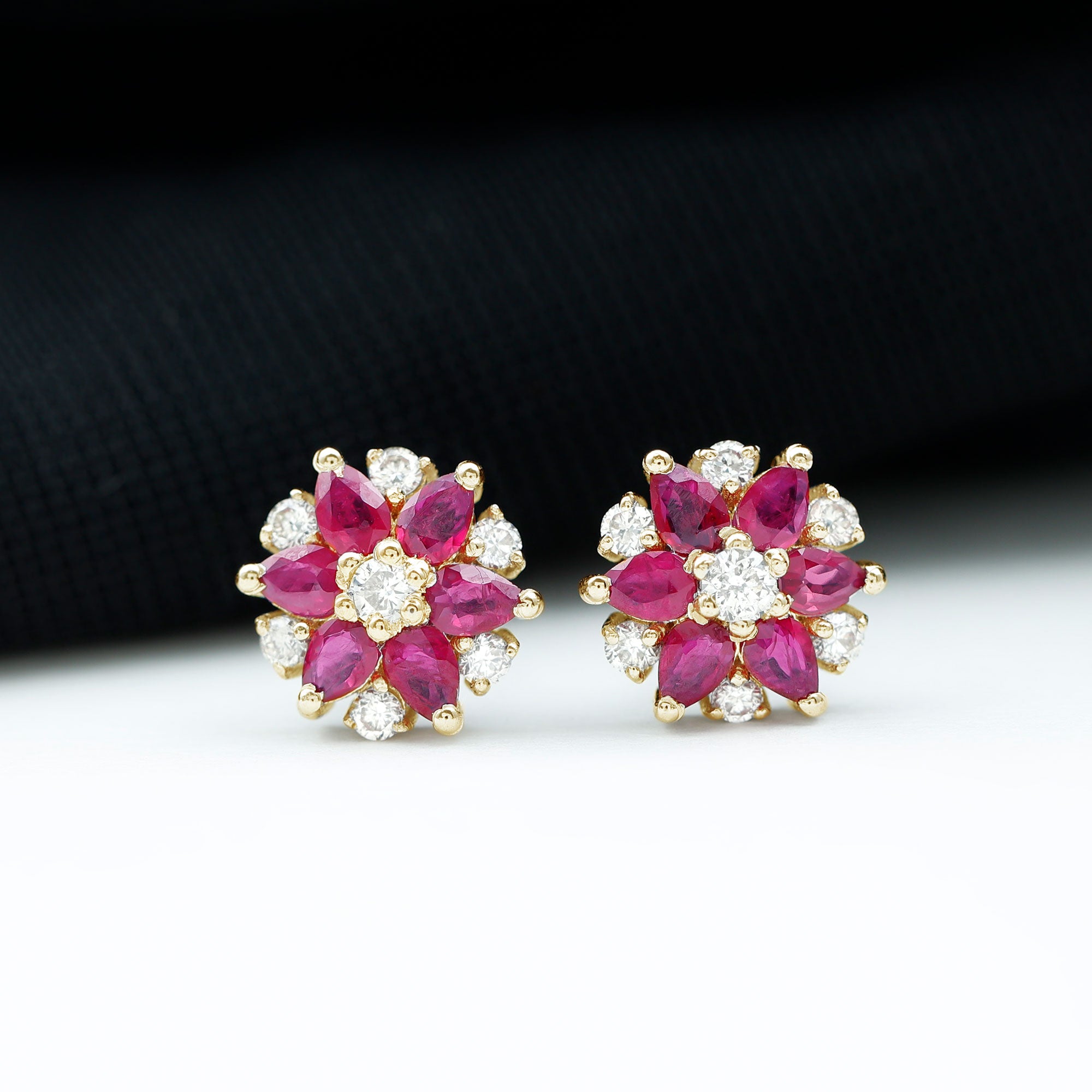 Pear Cut Ruby and Diamond Flower Stud Earrings Ruby - ( AAA ) - Quality - Rosec Jewels