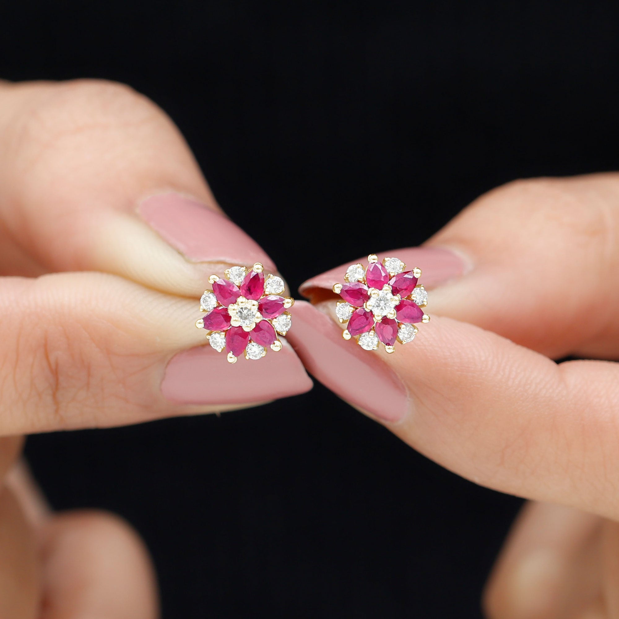 Pear Cut Ruby and Diamond Flower Stud Earrings Ruby - ( AAA ) - Quality - Rosec Jewels