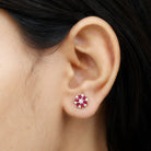 Pear Cut Ruby and Diamond Flower Stud Earrings Ruby - ( AAA ) - Quality - Rosec Jewels