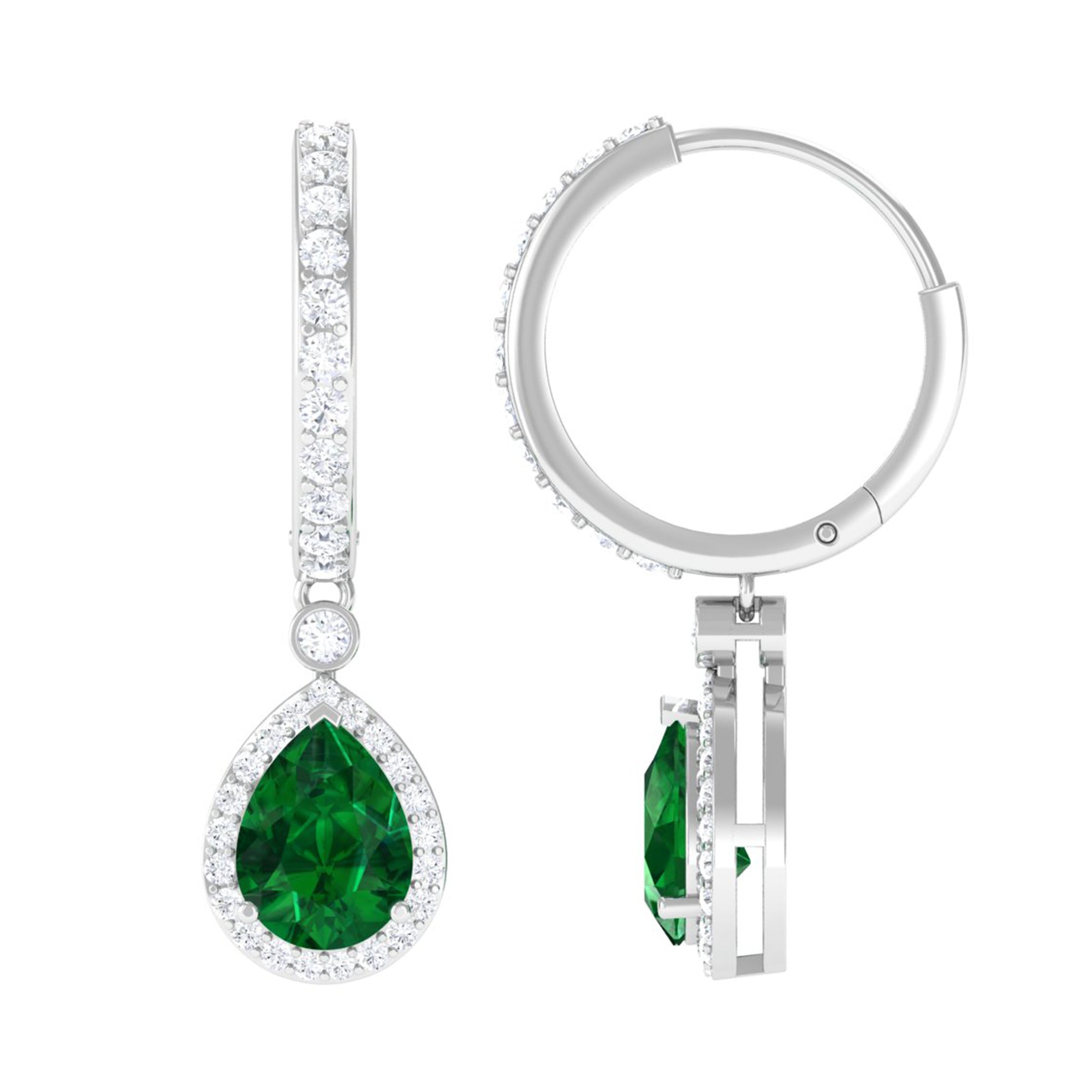 2.75 CT Dangle Hoop Earrings with Created Emerald and Moissanite Halo Lab Created Emerald - ( AAAA ) - Quality - Rosec Jewels