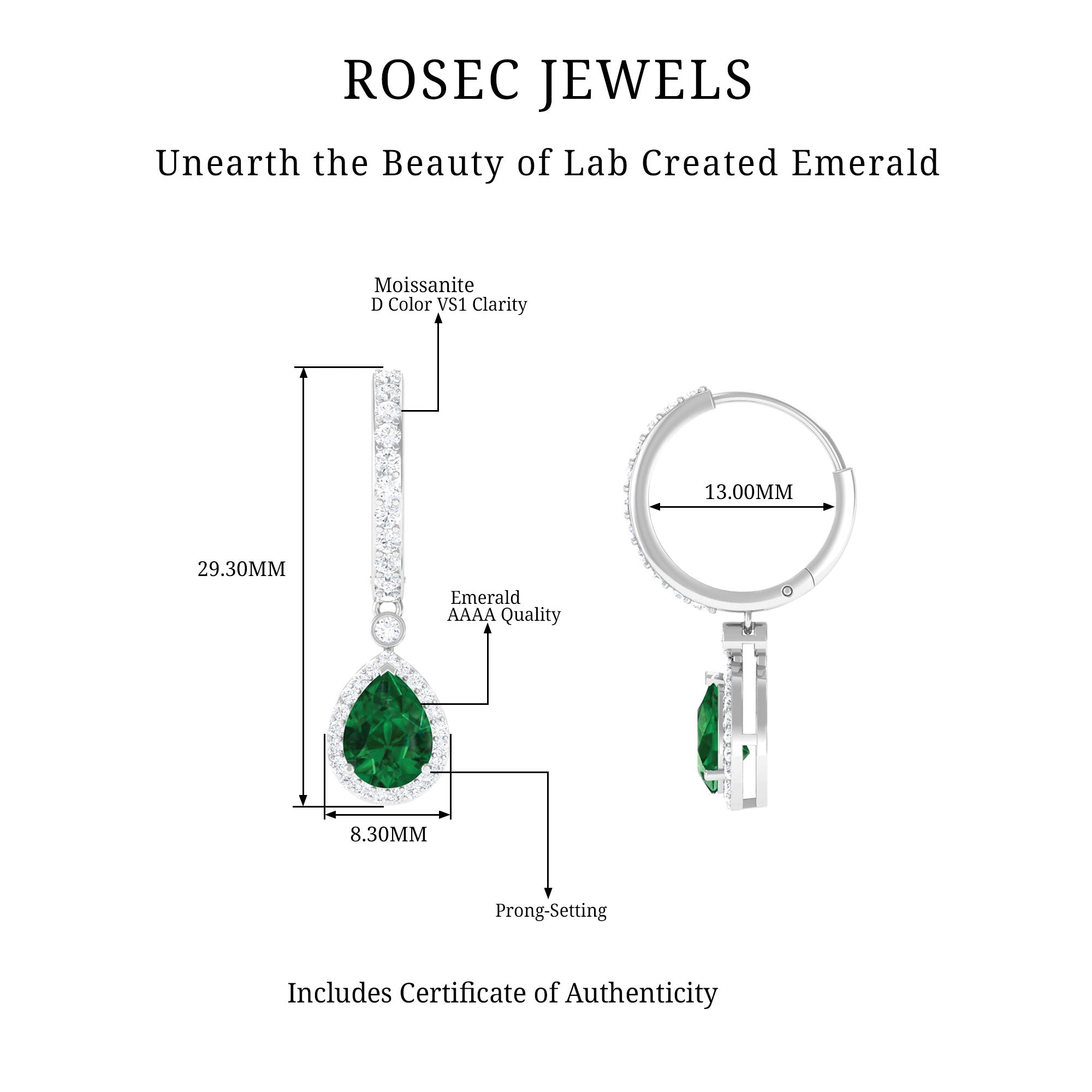 2.75 CT Dangle Hoop Earrings with Created Emerald and Moissanite Halo Lab Created Emerald - ( AAAA ) - Quality - Rosec Jewels