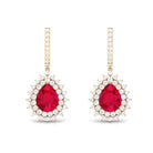 Pear Cut Created Ruby J Hoop Drop Earring with Moissanite Halo Lab Created Ruby - ( AAAA ) - Quality - Rosec Jewels