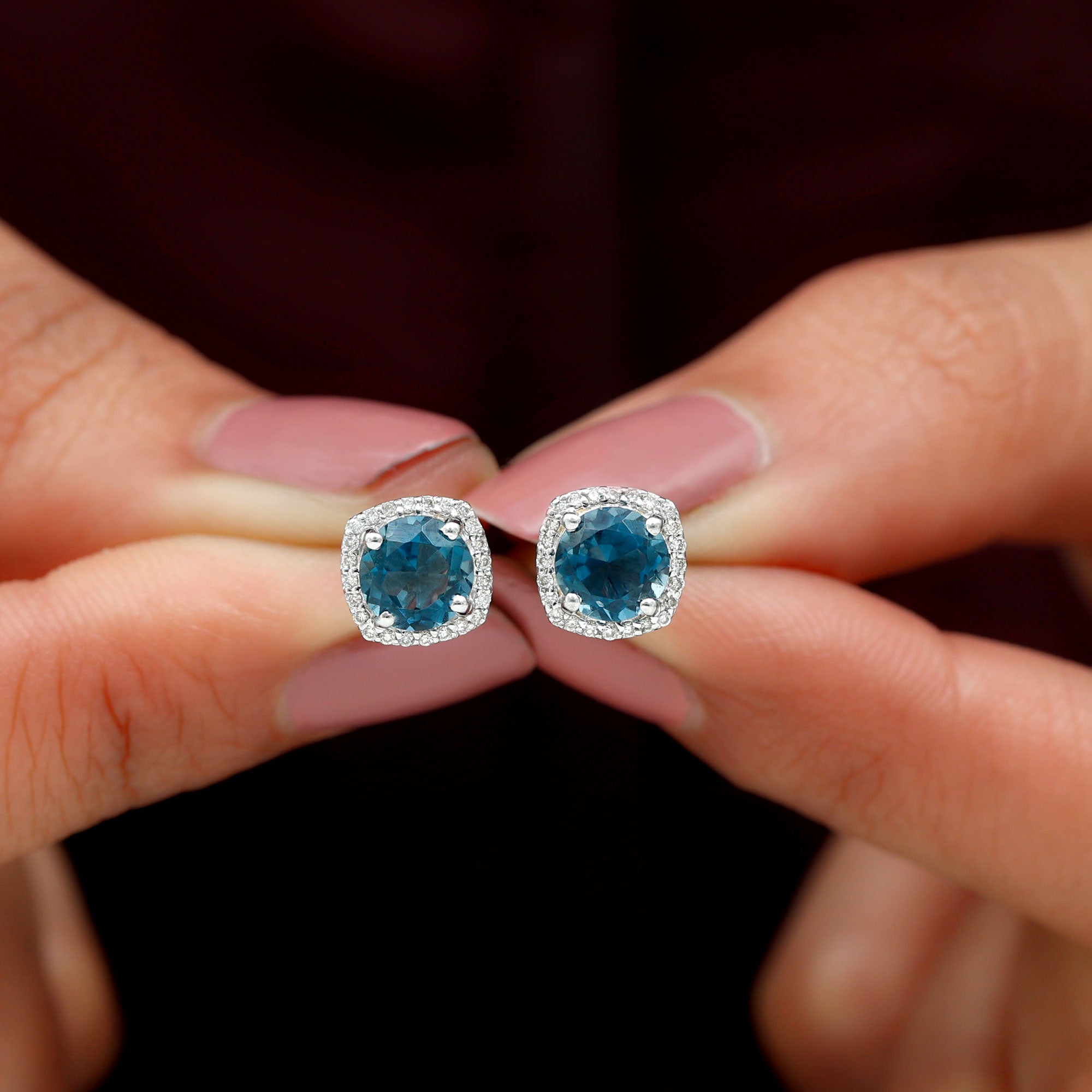 London Blue Topaz and Diamond Halo Stud Earrings London Blue Topaz - ( AAA ) - Quality - Rosec Jewels