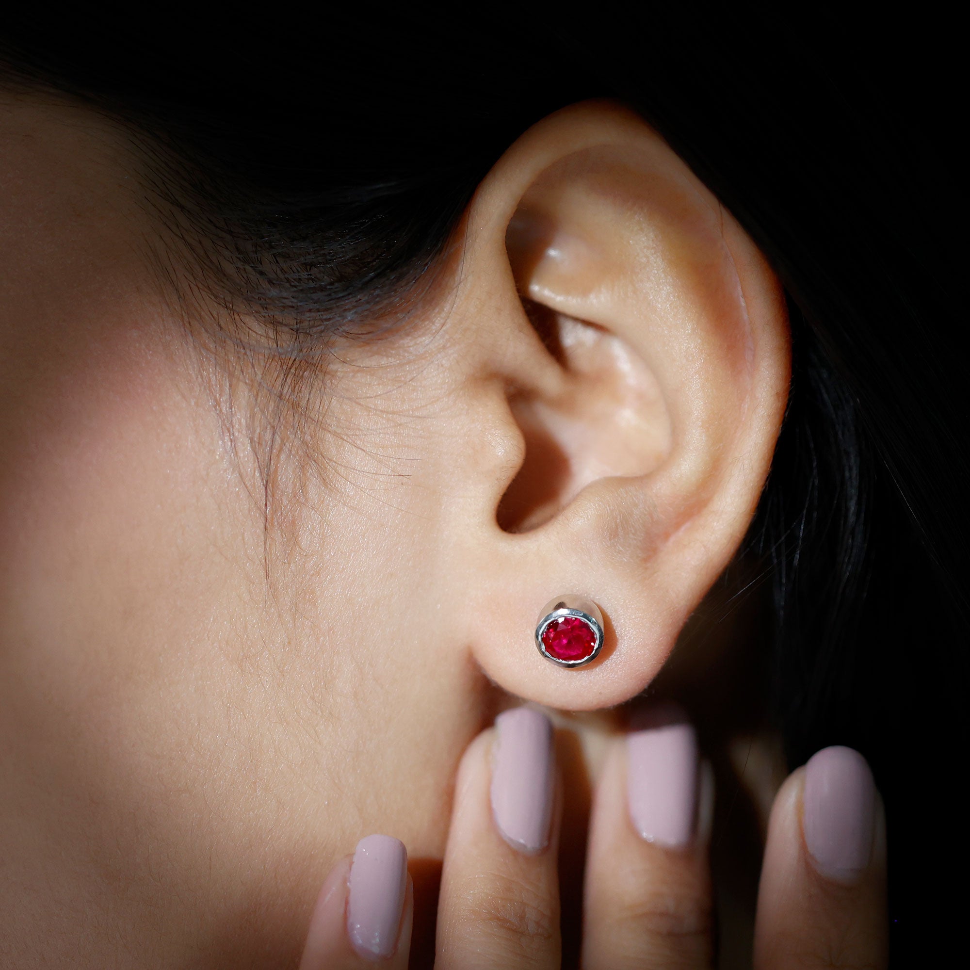 Rosec Jewels-Created Ruby Solitaire Stud Earrings in Bezel Setting