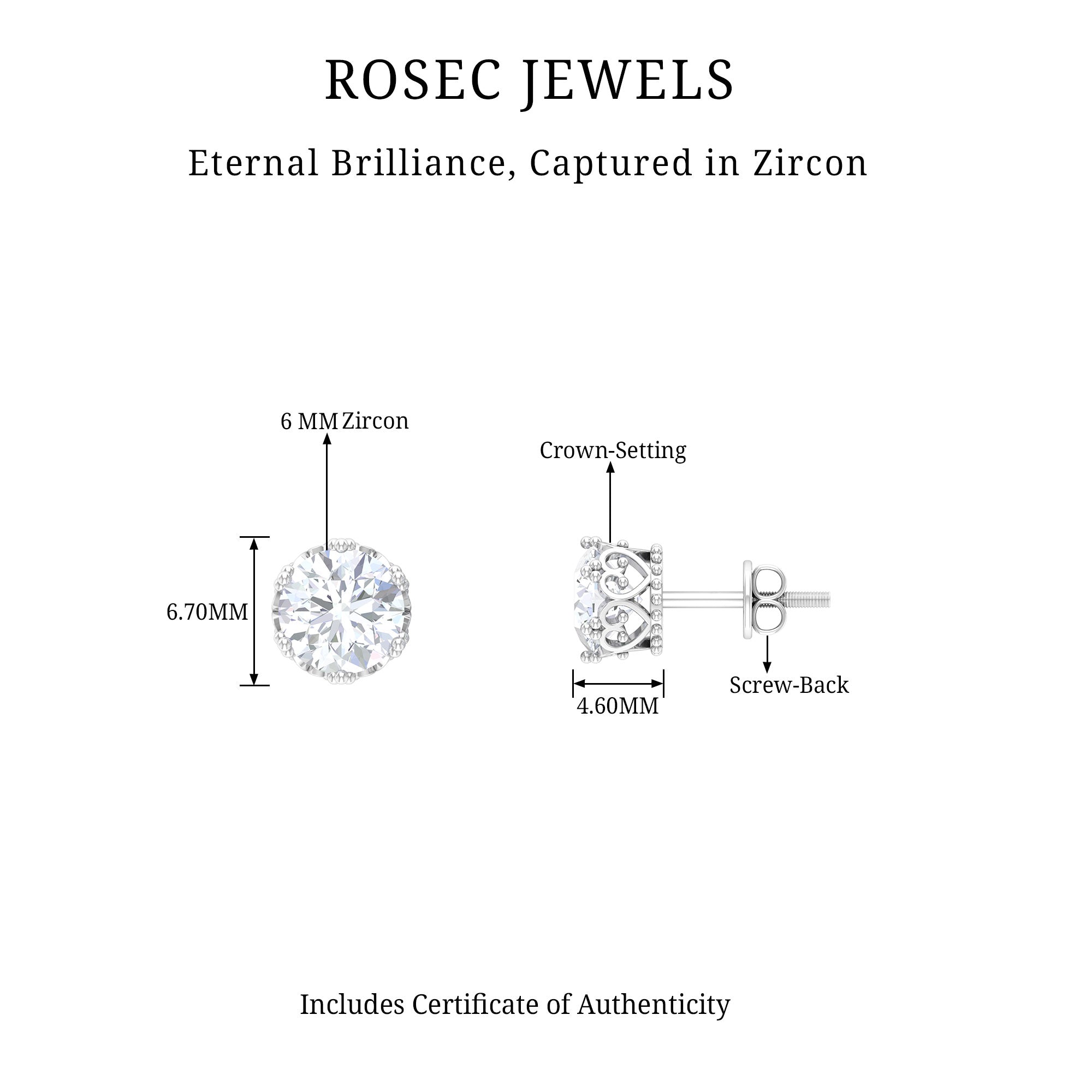 2 CT Round Solitaire Zircon Crown Stud Earrings Zircon - ( AAAA ) - Quality - Rosec Jewels