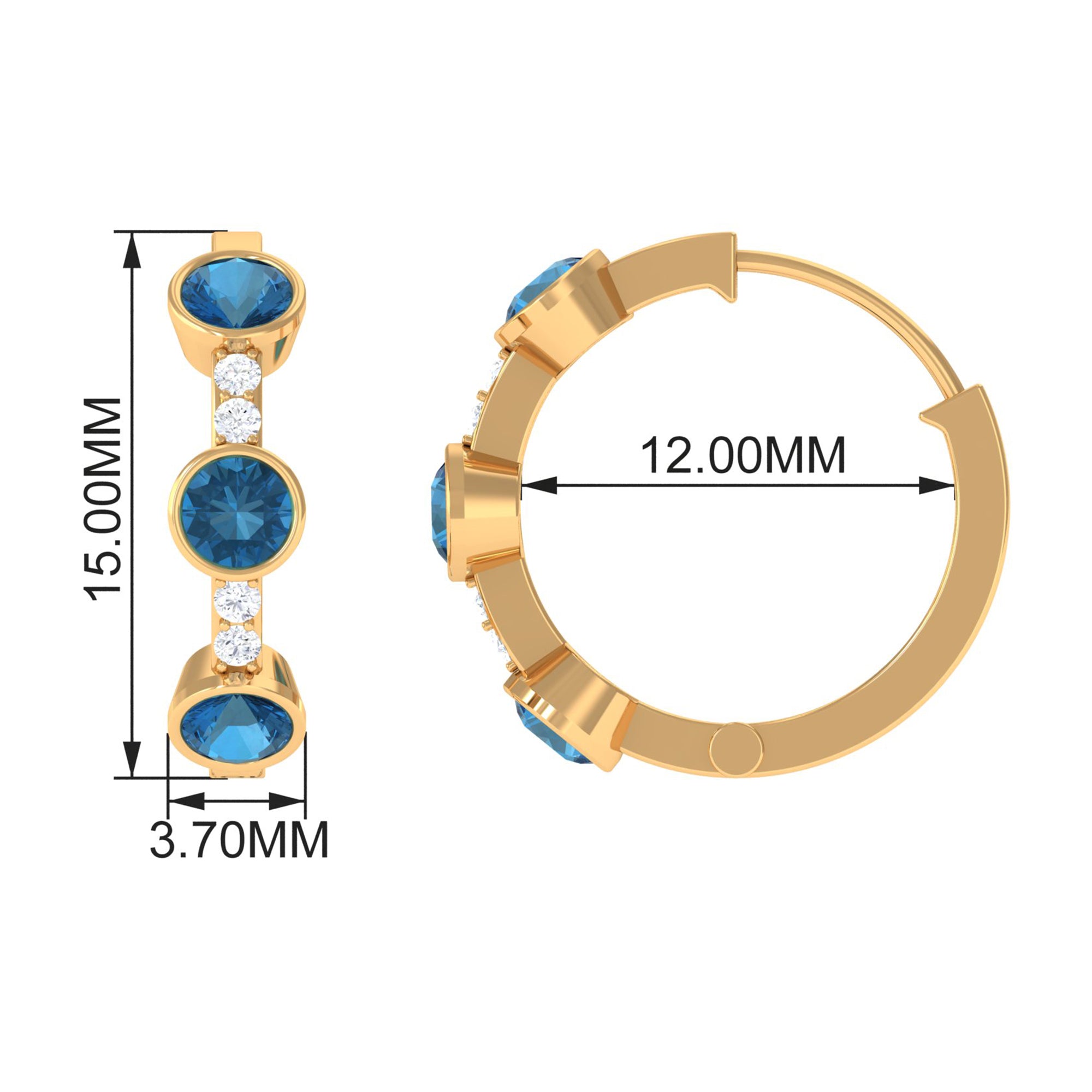 Bezel Set London Blue Topaz 3 Stone Hinged Hoop Earrings with Diamond London Blue Topaz - ( AAA ) - Quality - Rosec Jewels