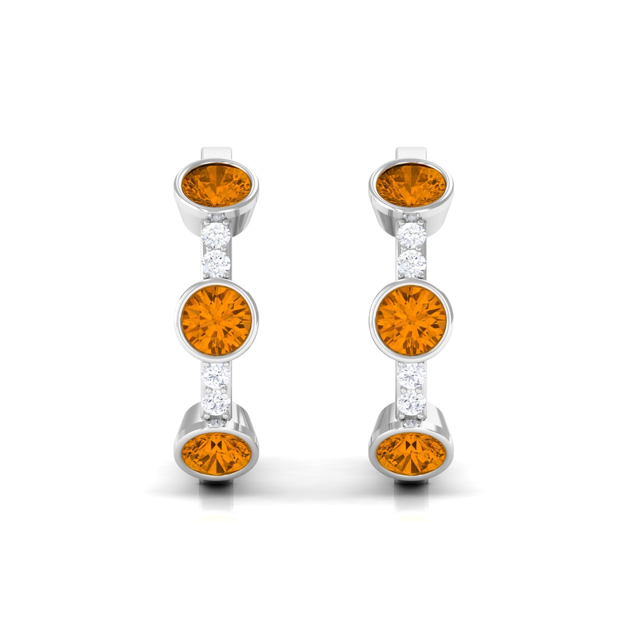 Bezel Set Citrine 3 Stone Hinged Hoop Earrings with Diamond Citrine - ( AAA ) - Quality - Rosec Jewels