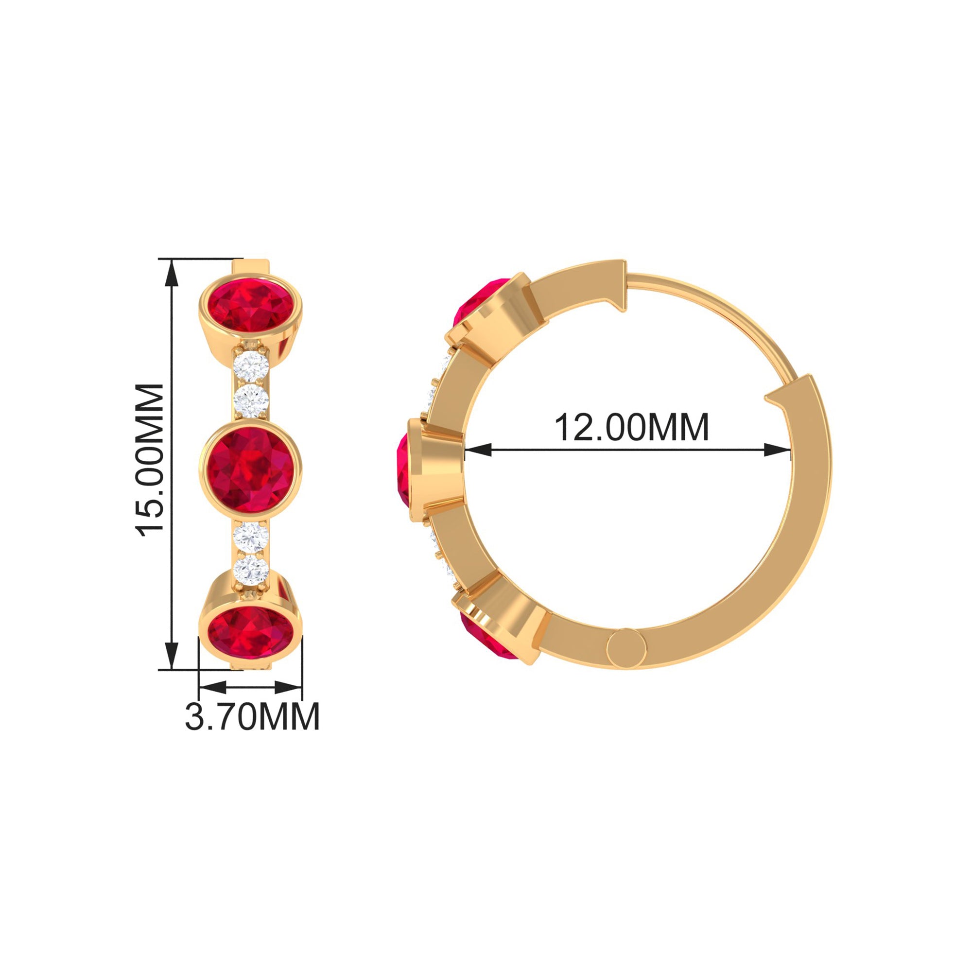 Bezel Set Created Ruby 3 Stone Hinged Hoop Earrings with Diamond Lab Created Ruby - ( AAAA ) - Quality - Rosec Jewels