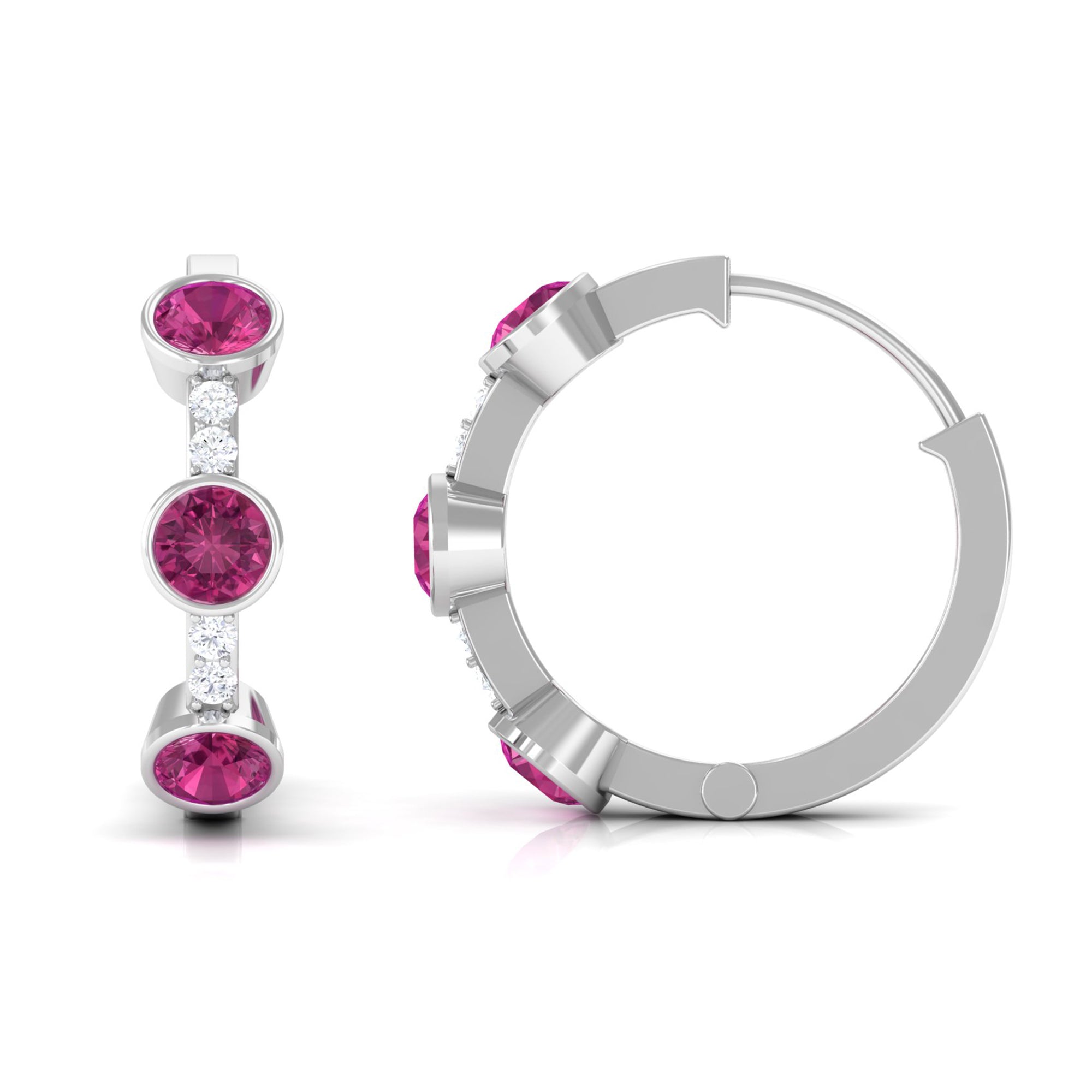 Bezel Set Pink Tourmaline 3 Stone Hinged Hoop Earrings with Diamond Pink Tourmaline - ( AAA ) - Quality - Rosec Jewels