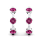 Bezel Set Pink Tourmaline 3 Stone Hinged Hoop Earrings with Diamond Pink Tourmaline - ( AAA ) - Quality - Rosec Jewels