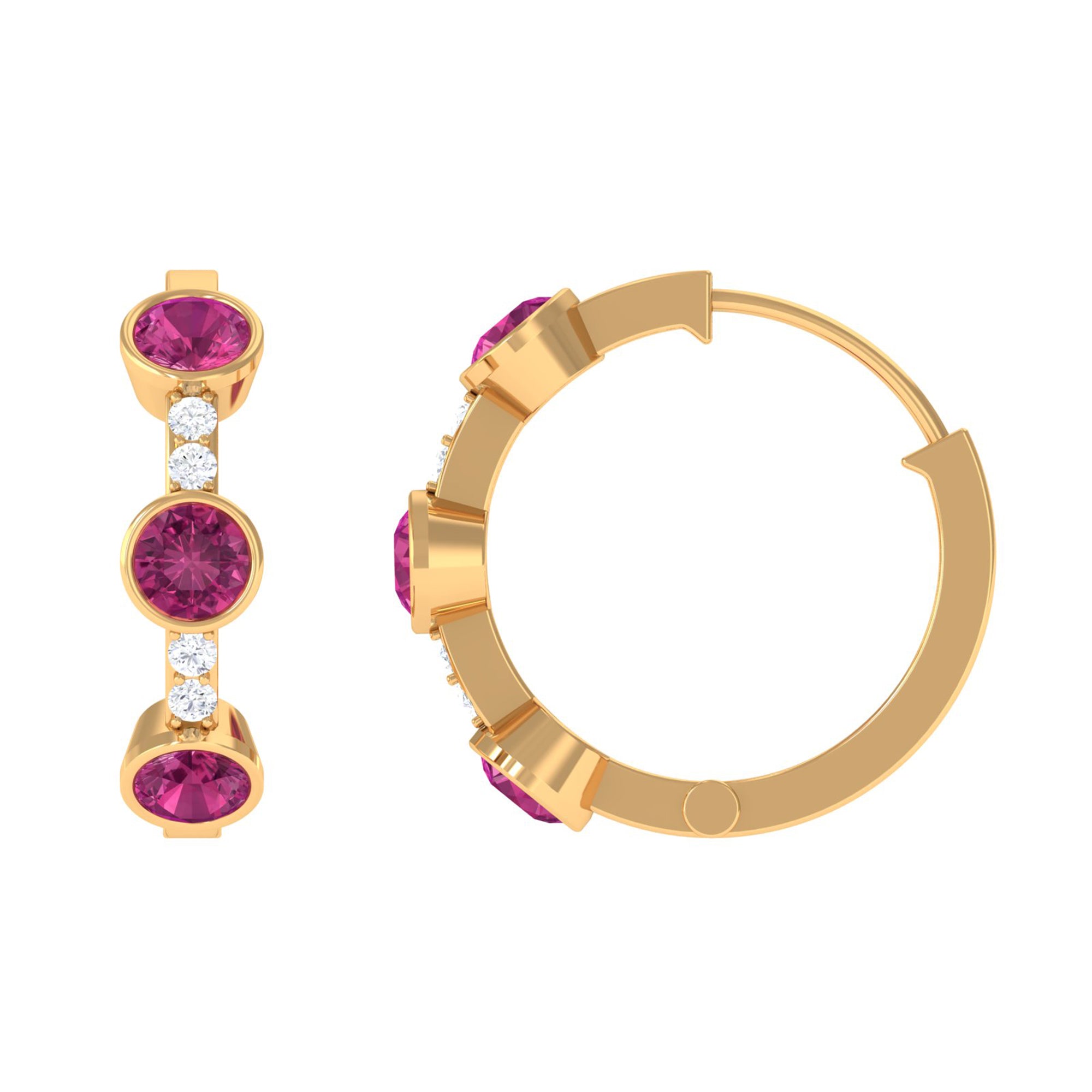 Bezel Set Pink Tourmaline 3 Stone Hinged Hoop Earrings with Diamond Pink Tourmaline - ( AAA ) - Quality - Rosec Jewels