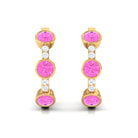 Bezel Set Pink Sapphire 3 Stone Hinged Hoop Earrings with Diamond Pink Sapphire - ( AAA ) - Quality - Rosec Jewels